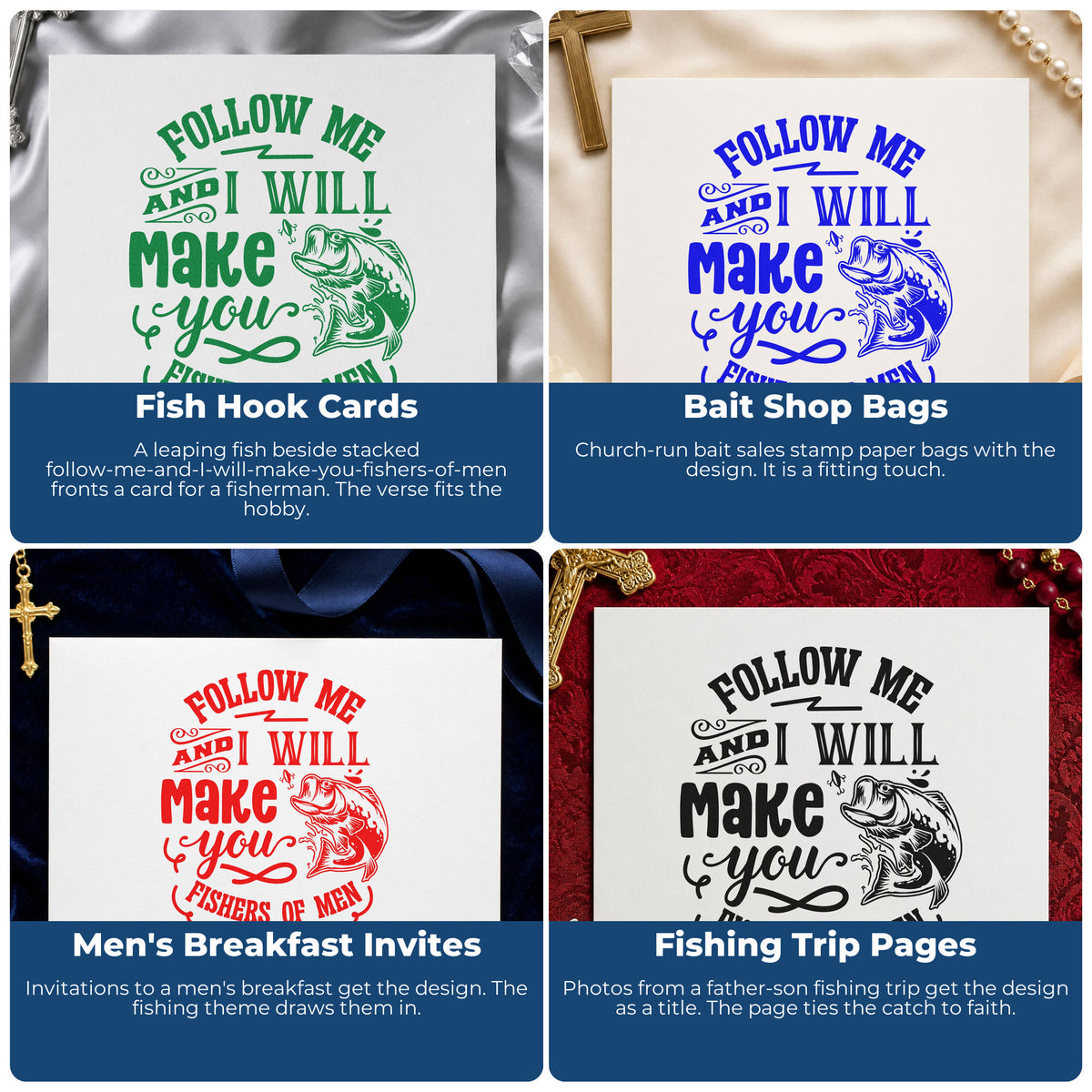 Four ways to use the Follow Me Fishers Of Men Pre-Inked Stamp – Slim: fish hook cards, bait shop bags, men's breakfast invites and fishing trip pages.