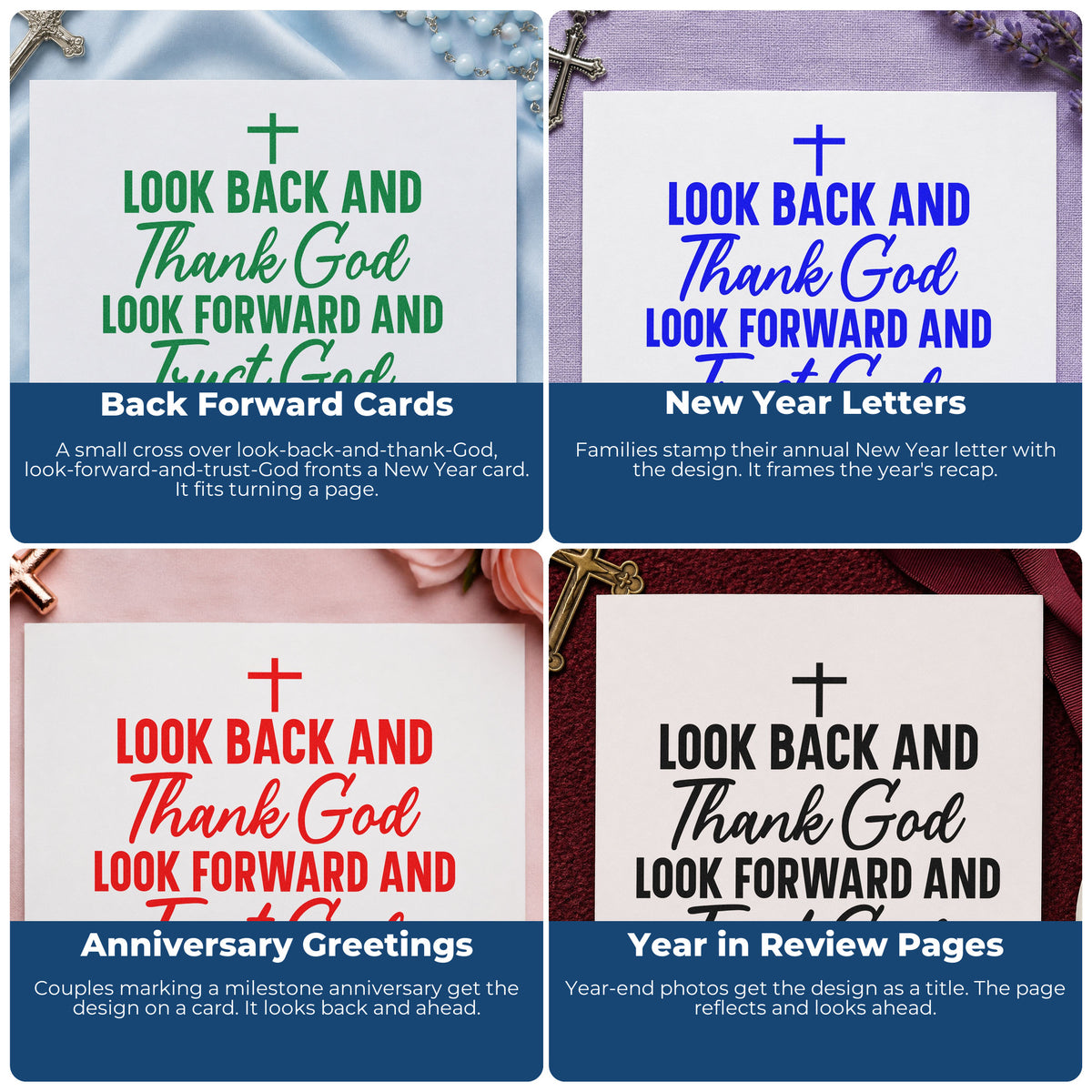 Four ways to use the Look Back And Thank God, Look Forward And Trust God With Cross Wood Handle Stamp: back forward cards, new year letters, anniversary greetings and year in review pages.