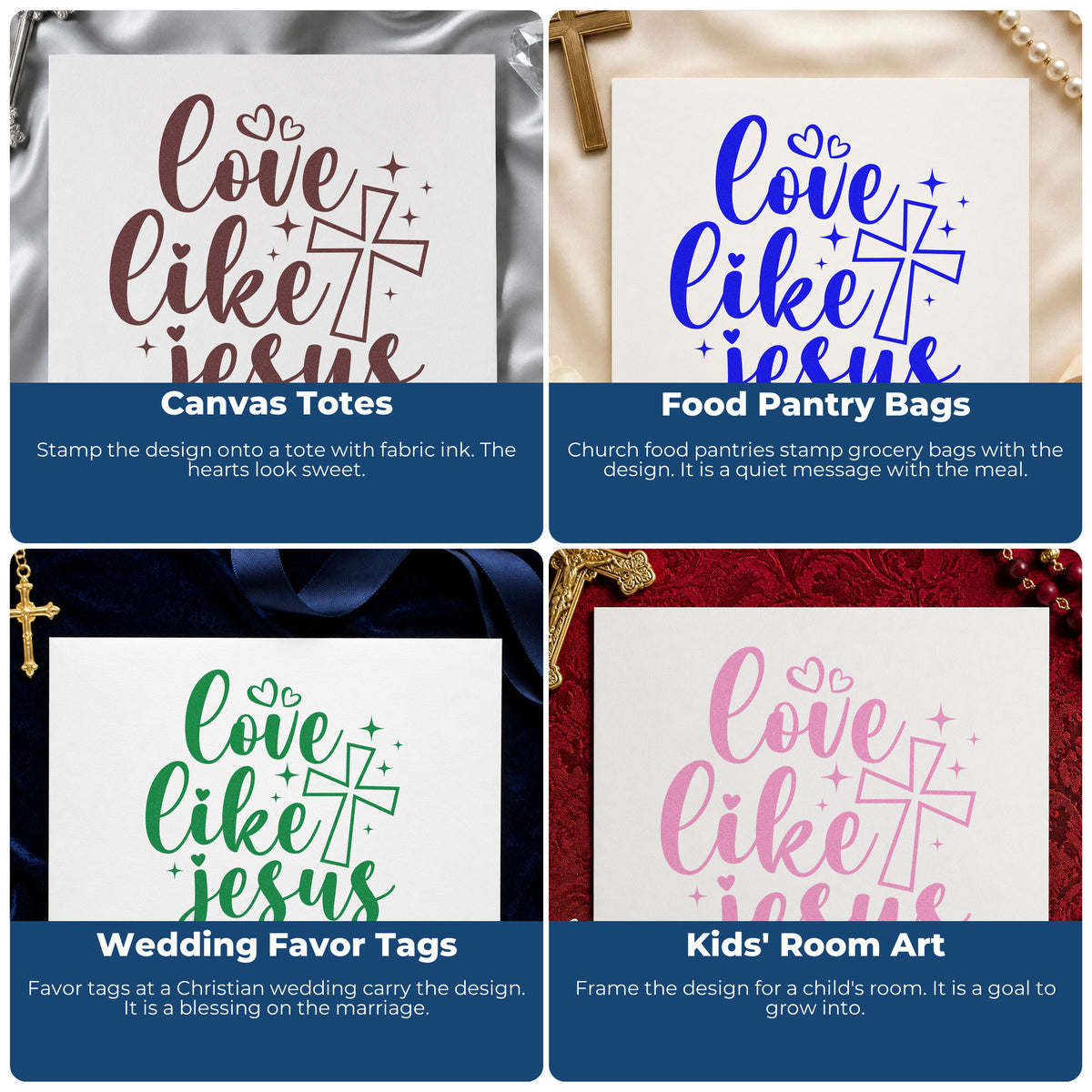 Four ways to use the Love Like Jesus Slim Pre-Inked Stamp: canvas totes, food pantry bags, wedding favor tags and kids' room art.
