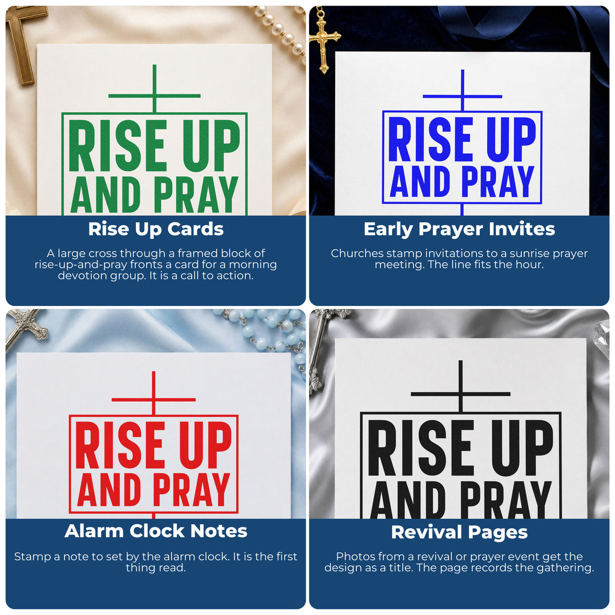Four ways to use the Rise Up And Pray Stamp – Duo Hand: rise up cards, early prayer invites, alarm clock notes and revival pages.