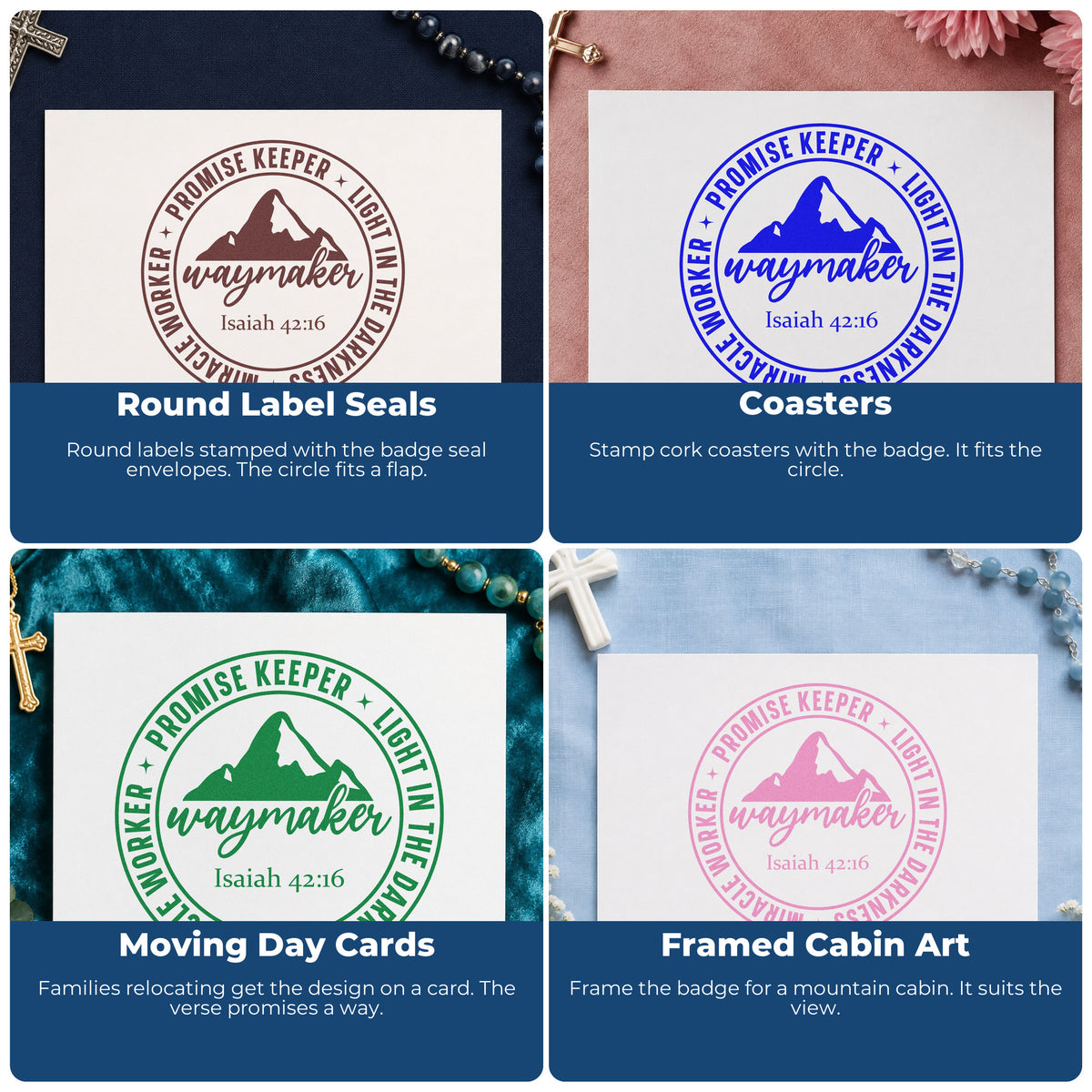 Four ways to use the Waymaker Mountain Emblem Pre-Inked Stamp – Slim: round label seals, coasters, moving day cards and framed cabin art.