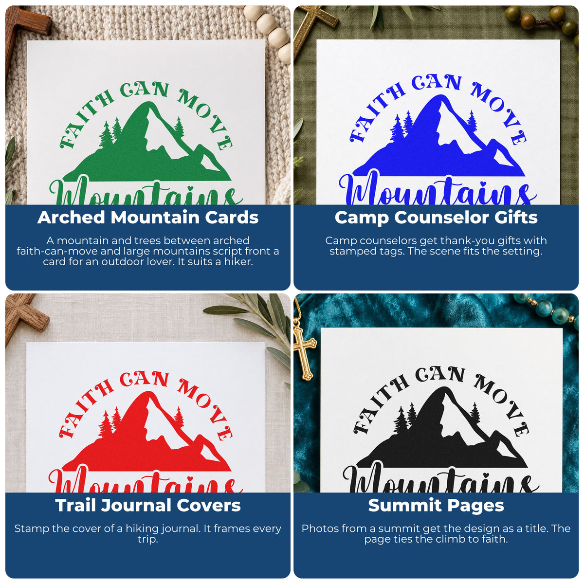 Four ways to use the Faith Moves Mountains Silhouette Tree Motif Pre-Inked Stamp – Slim: arched mountain cards, camp counselor gifts, trail journal covers and summit pages.