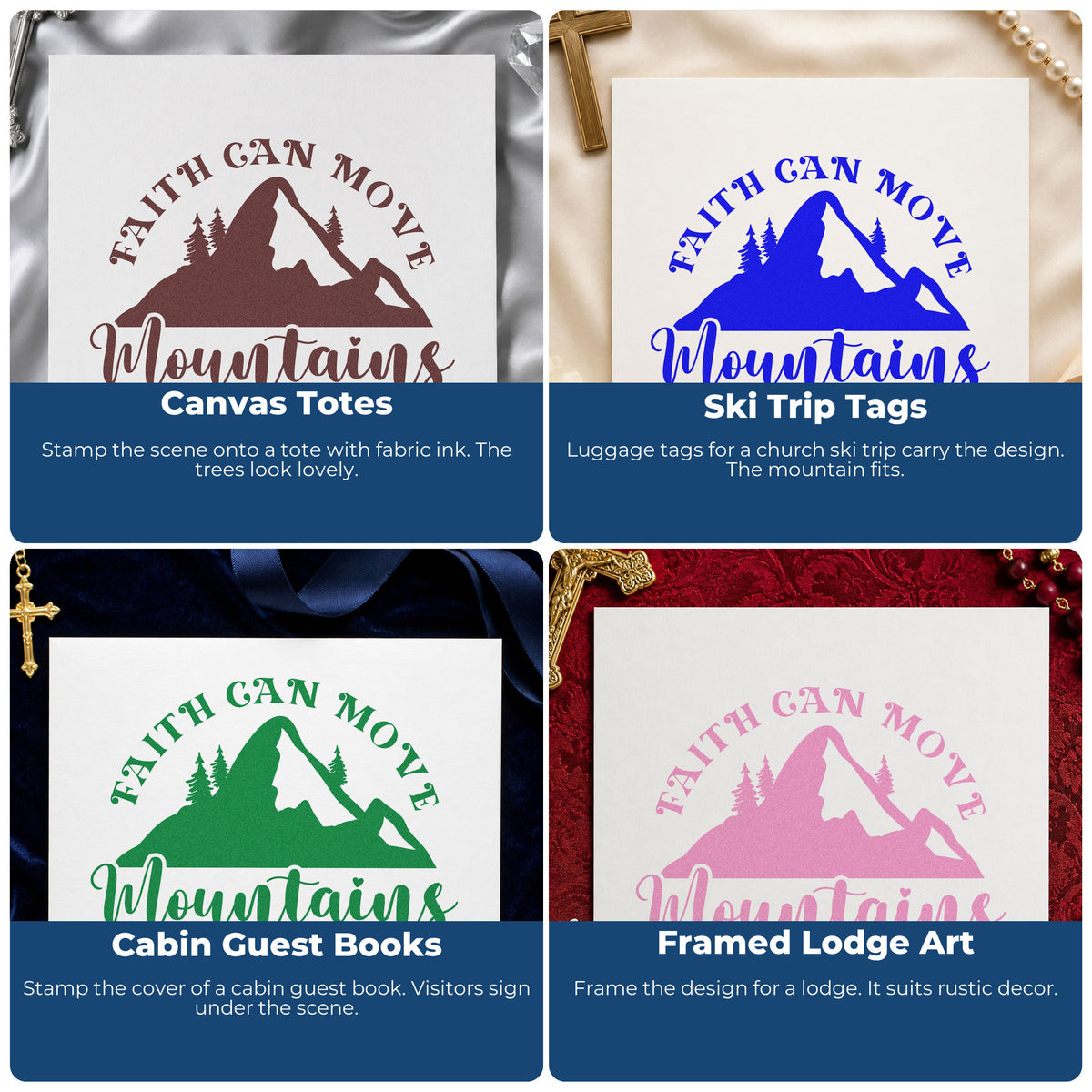 Four ways to use the Faith Moves Mountains Silhouette Tree Motif Self-Inking Stamp: canvas totes, ski trip tags, cabin guest books and framed lodge art.