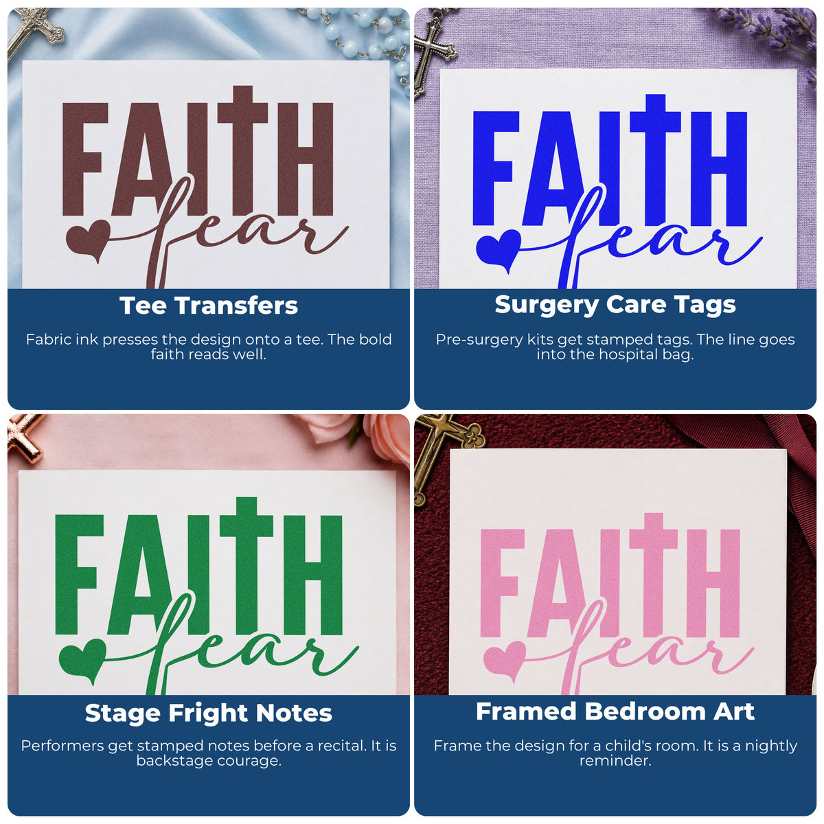 Four ways to use the Faith Over Fear Block Rubber Stamp – Wood Handle: tee transfers, surgery care tags, stage fright notes and framed bedroom art.
