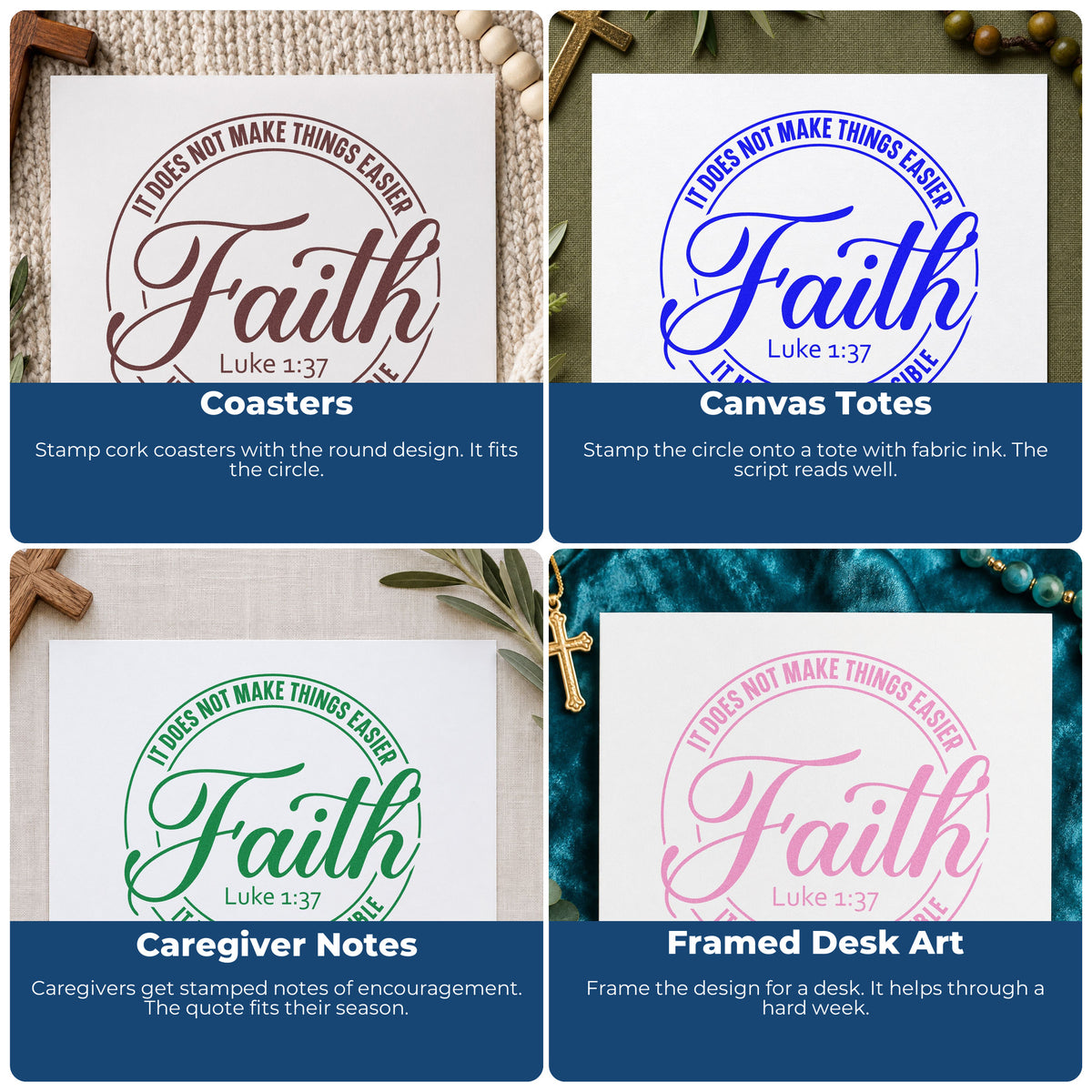 Four ways to use the Faith Makes Possible Circle Wood Handle Stamp: coasters, canvas totes, caregiver notes and framed desk art.