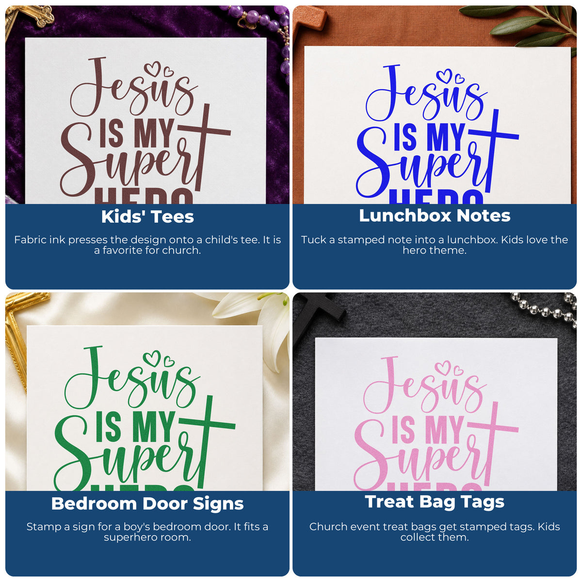 Christian rubber stamp ideas for gift tags, faith mail art, planners, and Sunday school crafts with Bible verse designs.
