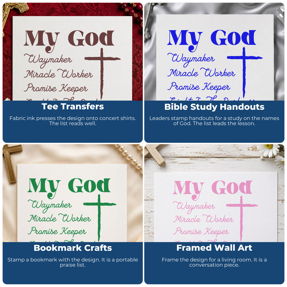 Four ways to use the Pre-Inked My God Promise Keeper With Cross Stamp – PSI: tee transfers, bible study handouts, bookmark crafts and framed wall art.