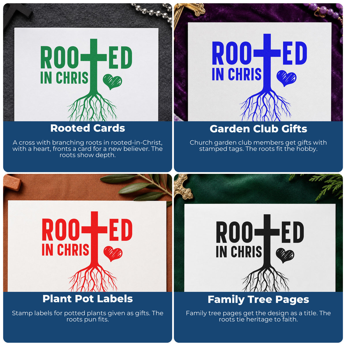 Four ways to use the Rooted In Christ With Cross Stamp – Self-Inking: rooted cards, garden club gifts, plant pot labels and family tree pages.