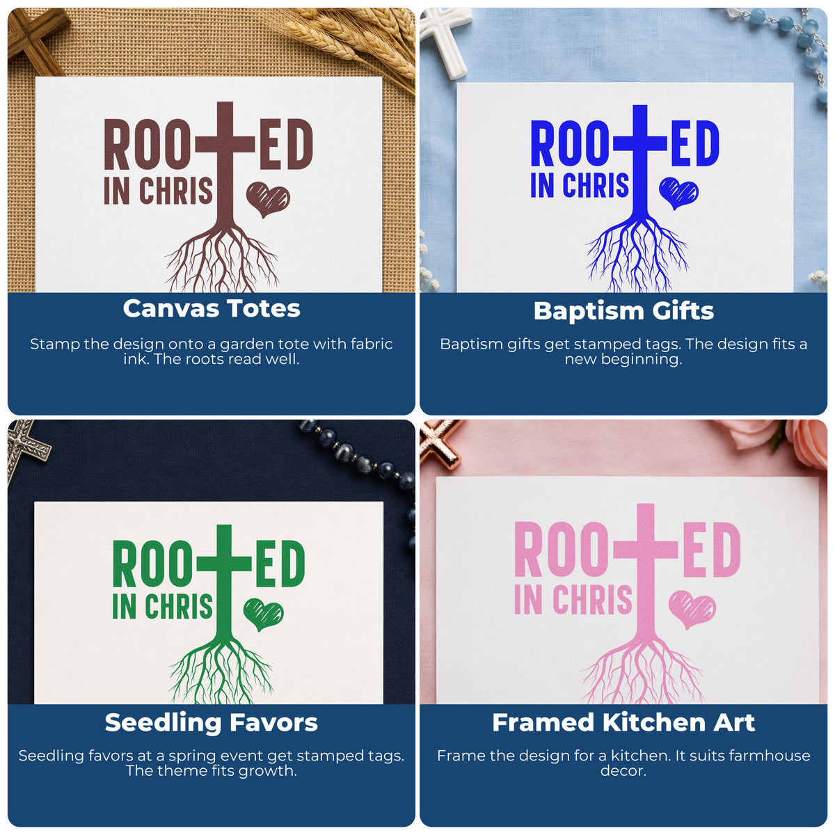Four ways to use the Rooted In Christ With Cross Stamp – Self-Inking: canvas totes, baptism gifts, seedling favors and framed kitchen art.