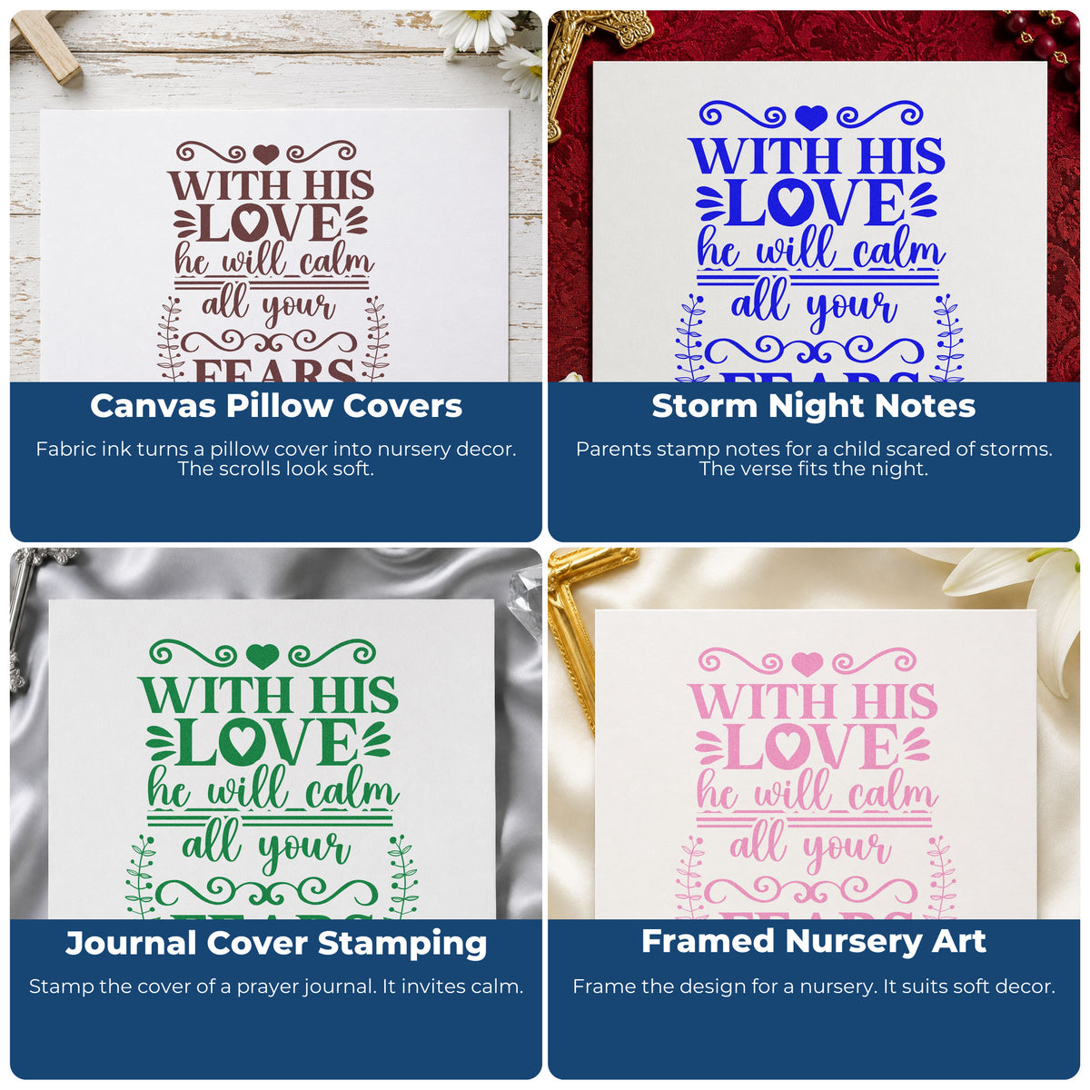 Four ways to use the Premium Wooden His Love Calms Fears Scrolls Leafy Branches Stamp - Vintage Pro: canvas pillow covers, storm night notes, journal cover stamping and framed nursery art.