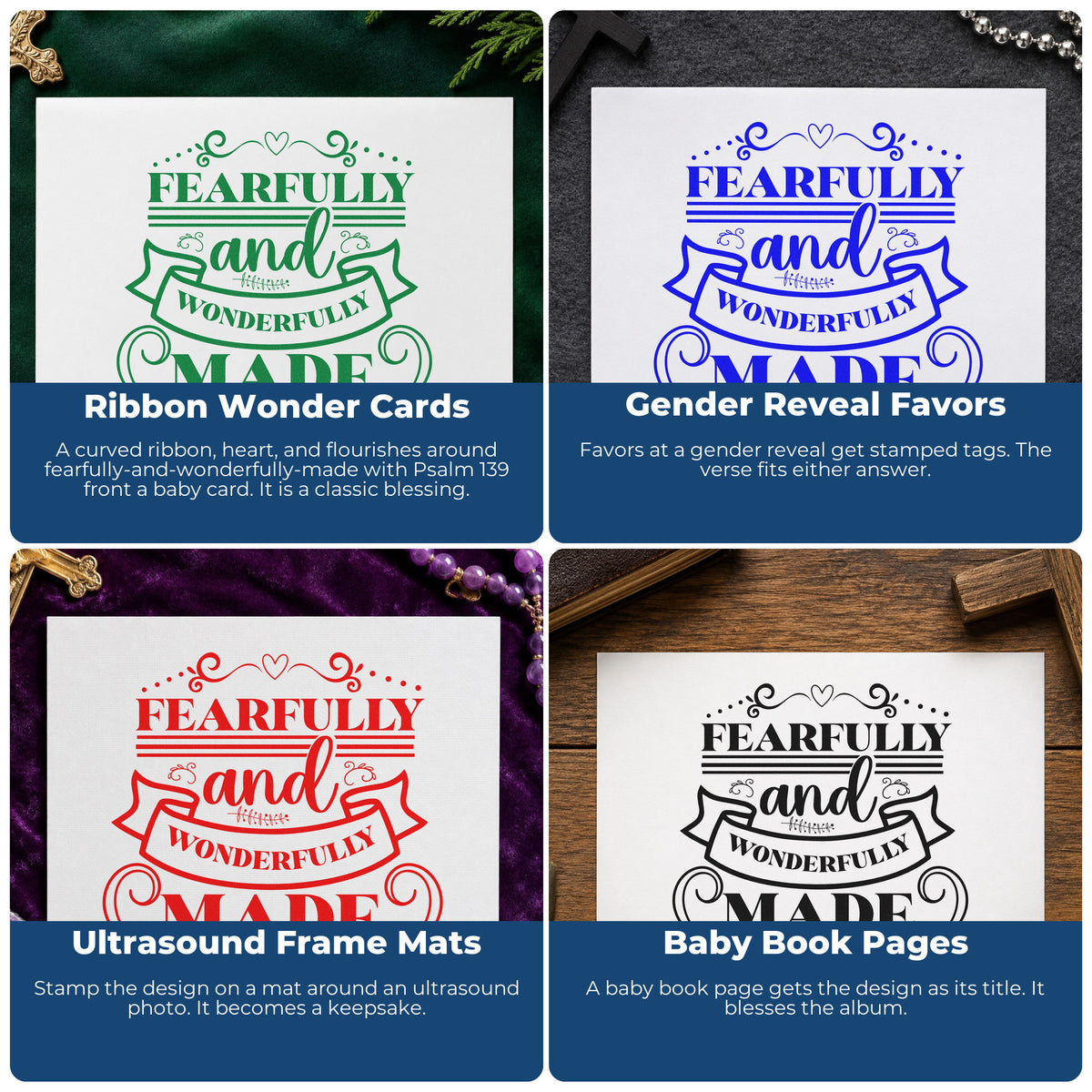 Four ways to use the Fearfully Wonderfully Made Ribbon With Hearts Rubber Stamp – Wood Handle: ribbon wonder cards, gender reveal favors, ultrasound frame mats and baby book pages.