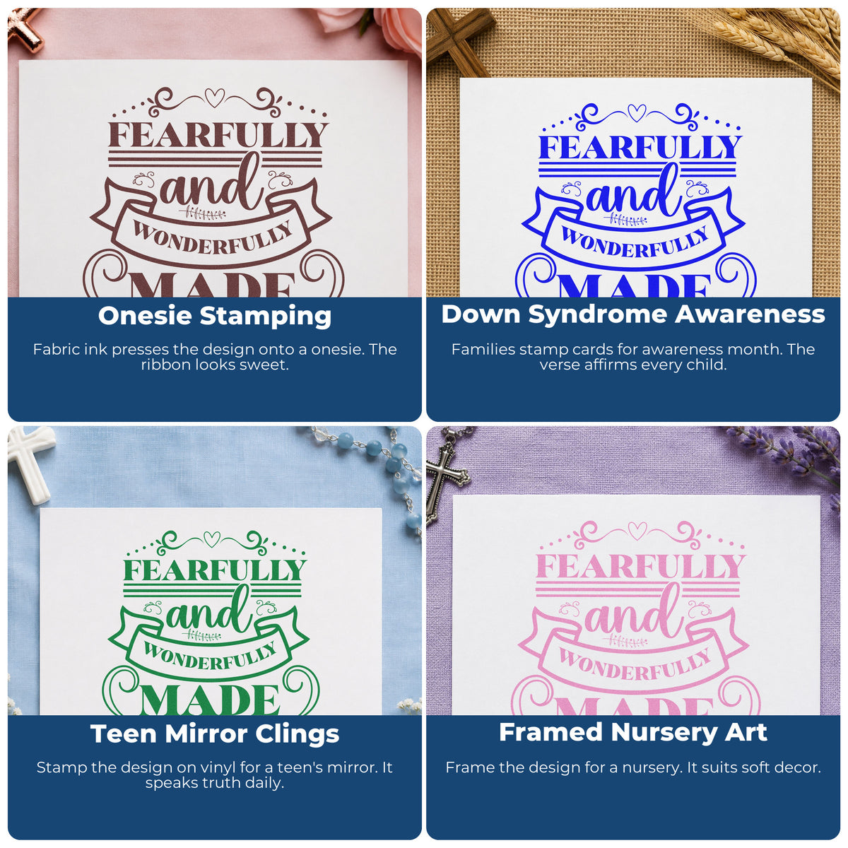 Four ways to use the Fearfully Wonderfully Made Ribbon With Hearts Rubber Stamp – Wood Handle: onesie stamping, down syndrome awareness, teen mirror clings and framed nursery art.