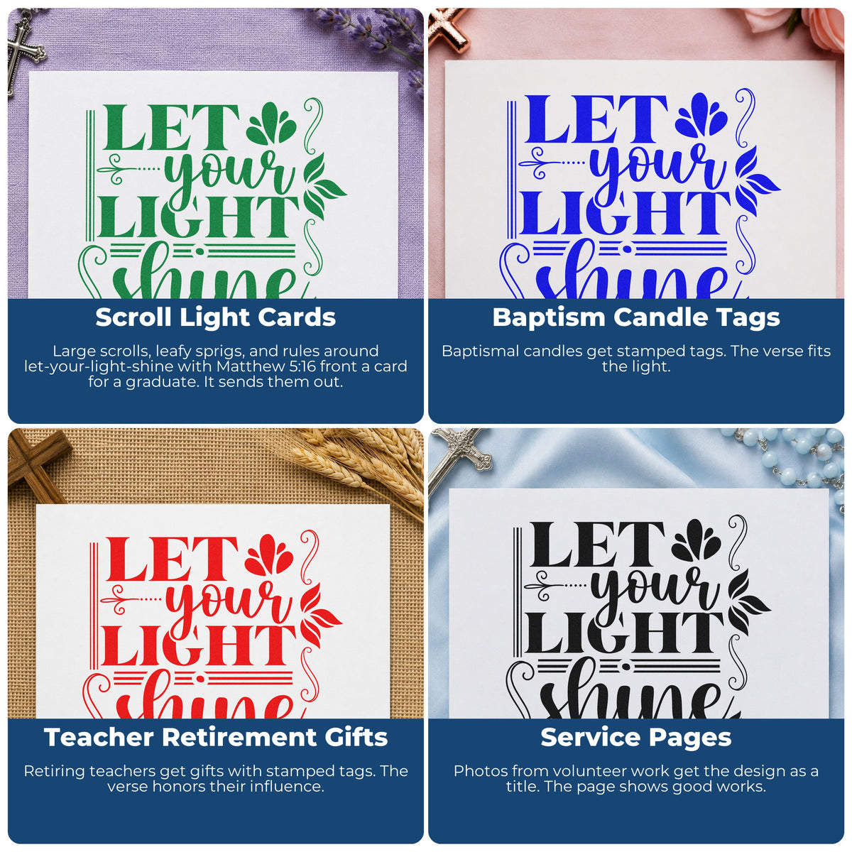 Faith-based rubber stamp ideas for Bible journaling, prayer cards, church favors, and scrapbooking with Christian scripture phrases.
