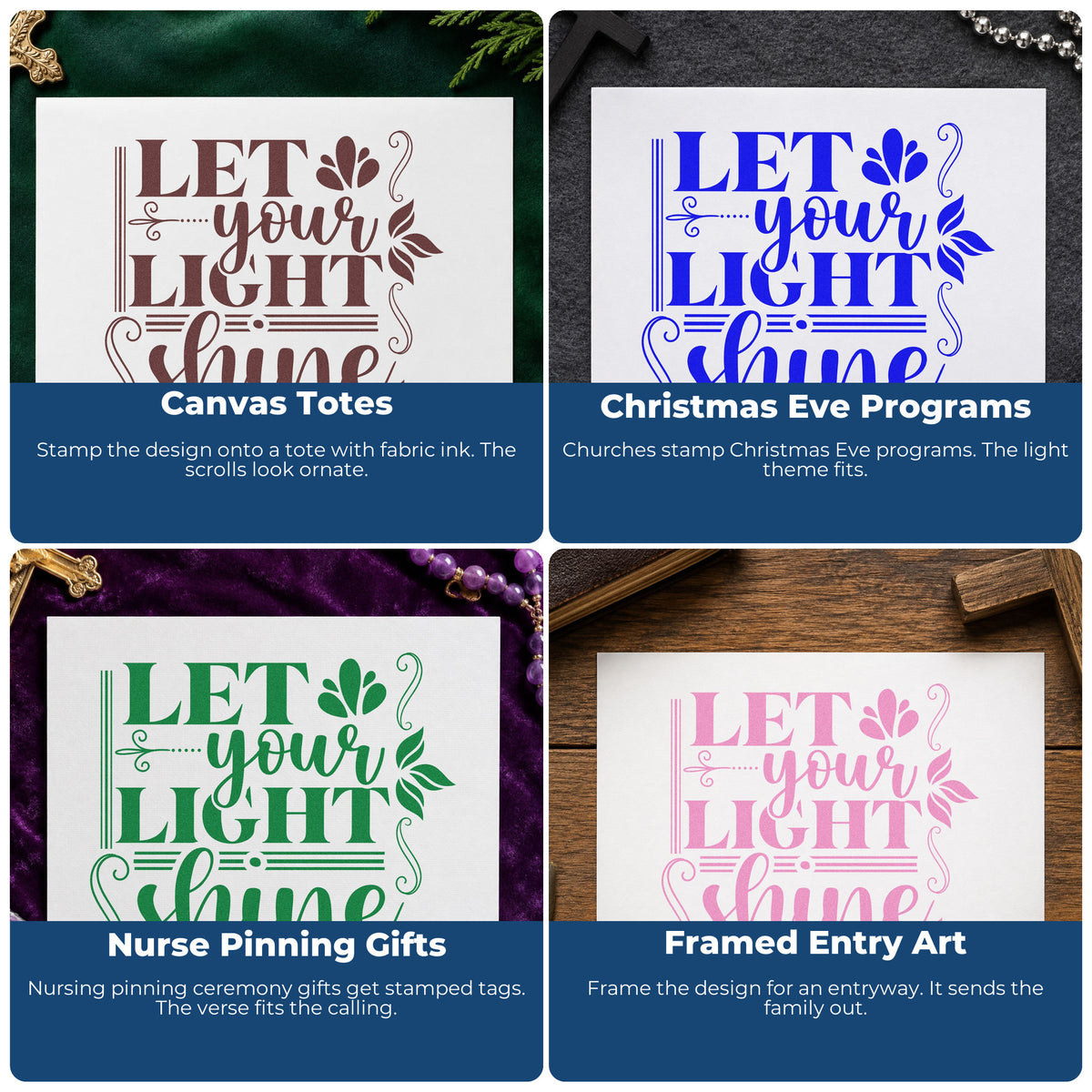 Christian rubber stamps for gift tags, faith mail, planners, and Sunday school crafts with Bible verses and uplifting words.