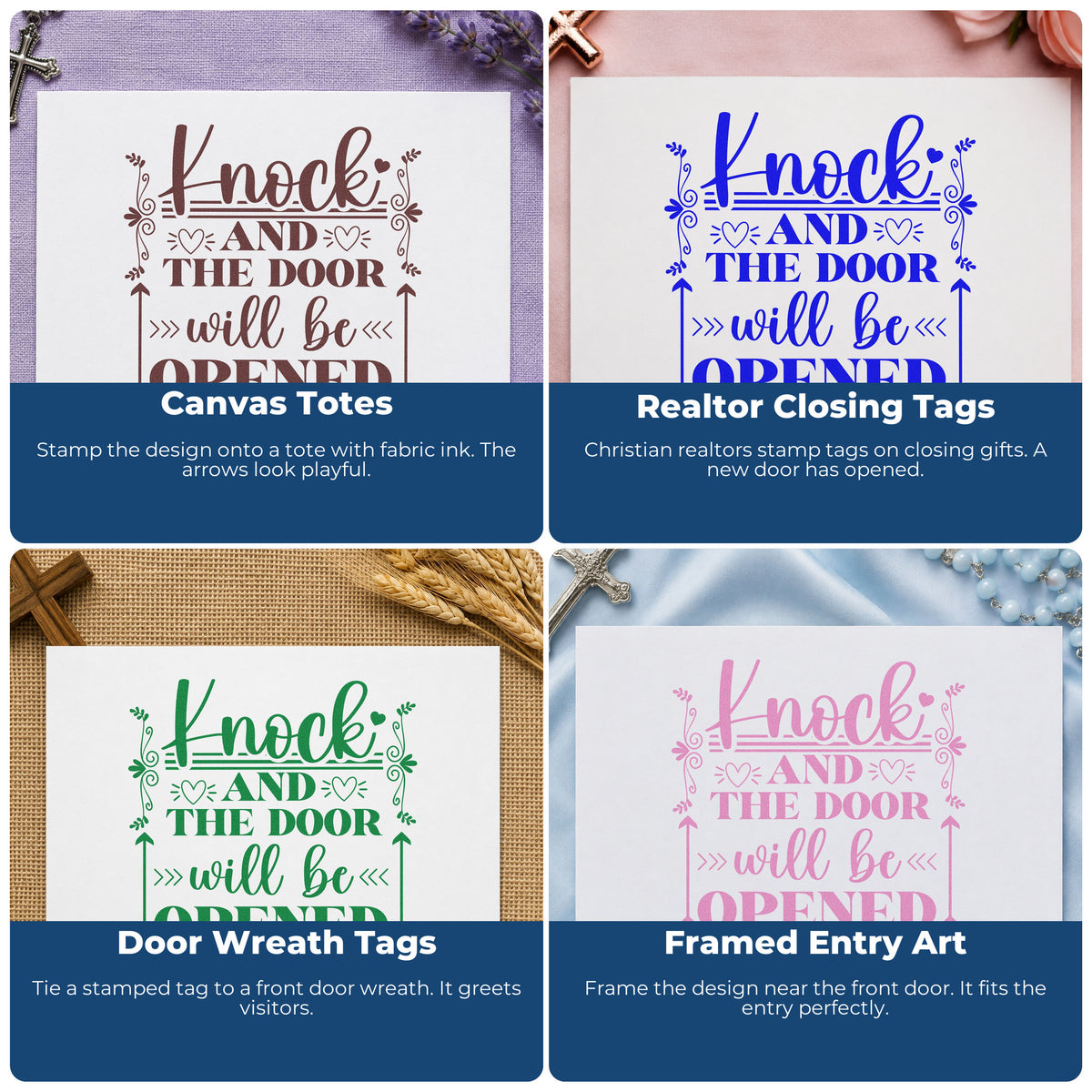 Four ways to use the Knock And The Door Arrows With Hearts Hand Stamp – Duo: canvas totes, realtor closing tags, door wreath tags and framed entry art.