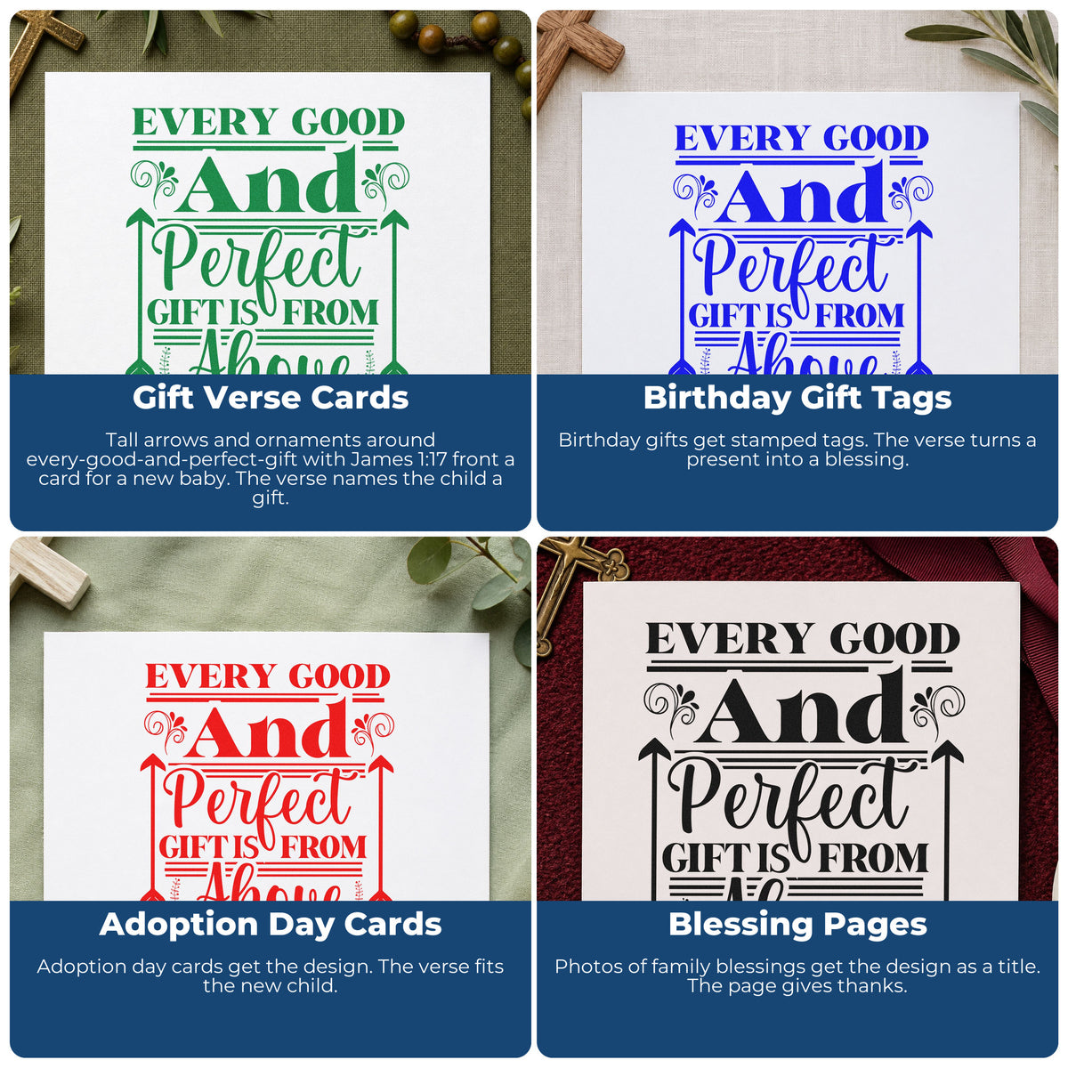 Four ways to use the Every Good Gift Arrow Framed Lettering Pre-Inked Stamp – Slim: gift verse cards, birthday gift tags, adoption day cards and blessing pages.