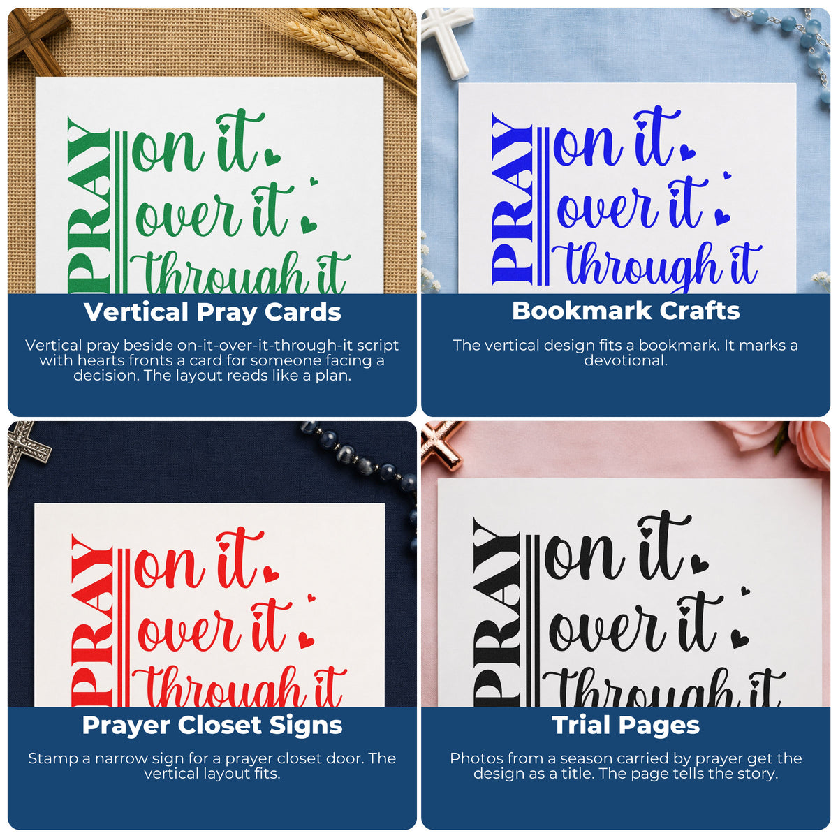 Four ways to use the Pray On It Heart Script Lettering Self-Inking Stamp: vertical pray cards, bookmark crafts, prayer closet signs and trial pages.