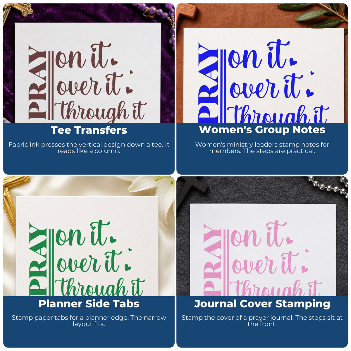 Four ways to use the Pray On It Heart Script Lettering Pre-Inked Stamp – Slim: tee transfers, women's group notes, planner side tabs and journal cover stamping.