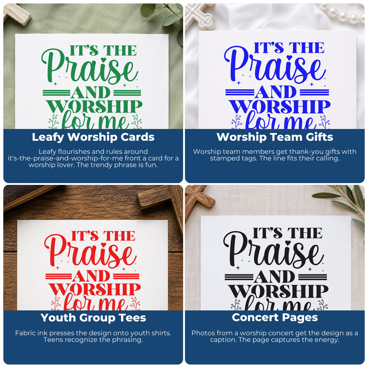 Four ways to use the Praise And Worship For Me Stamp – Self-Inking: leafy worship cards, worship team gifts, youth group tees and concert pages.
