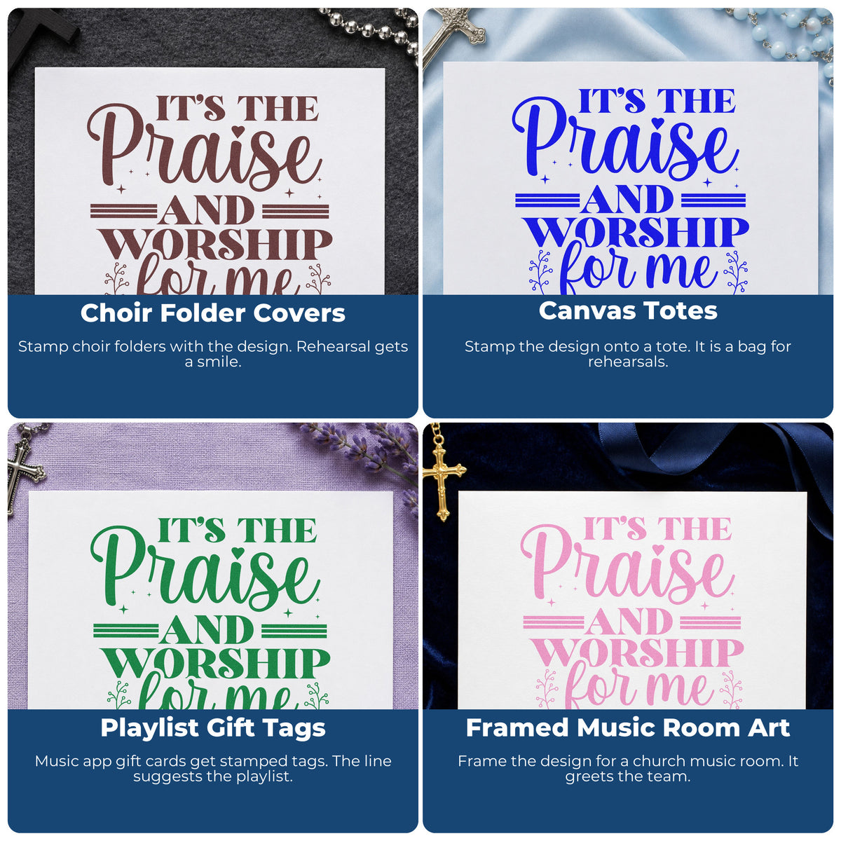 Four ways to use the Praise And Worship For Me Stamp – Self-Inking: choir folder covers, canvas totes, playlist gift tags and framed music room art.