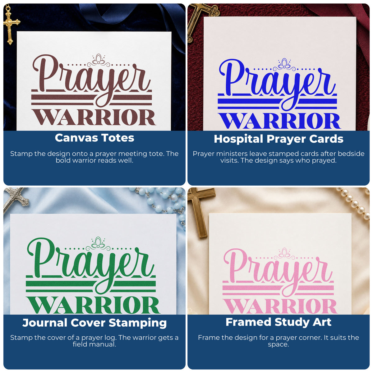 Four ways to use the PSI Pre-Inked Prayer Warrior Flourished Lettering Stamp: canvas totes, hospital prayer cards, journal cover stamping and framed study art.