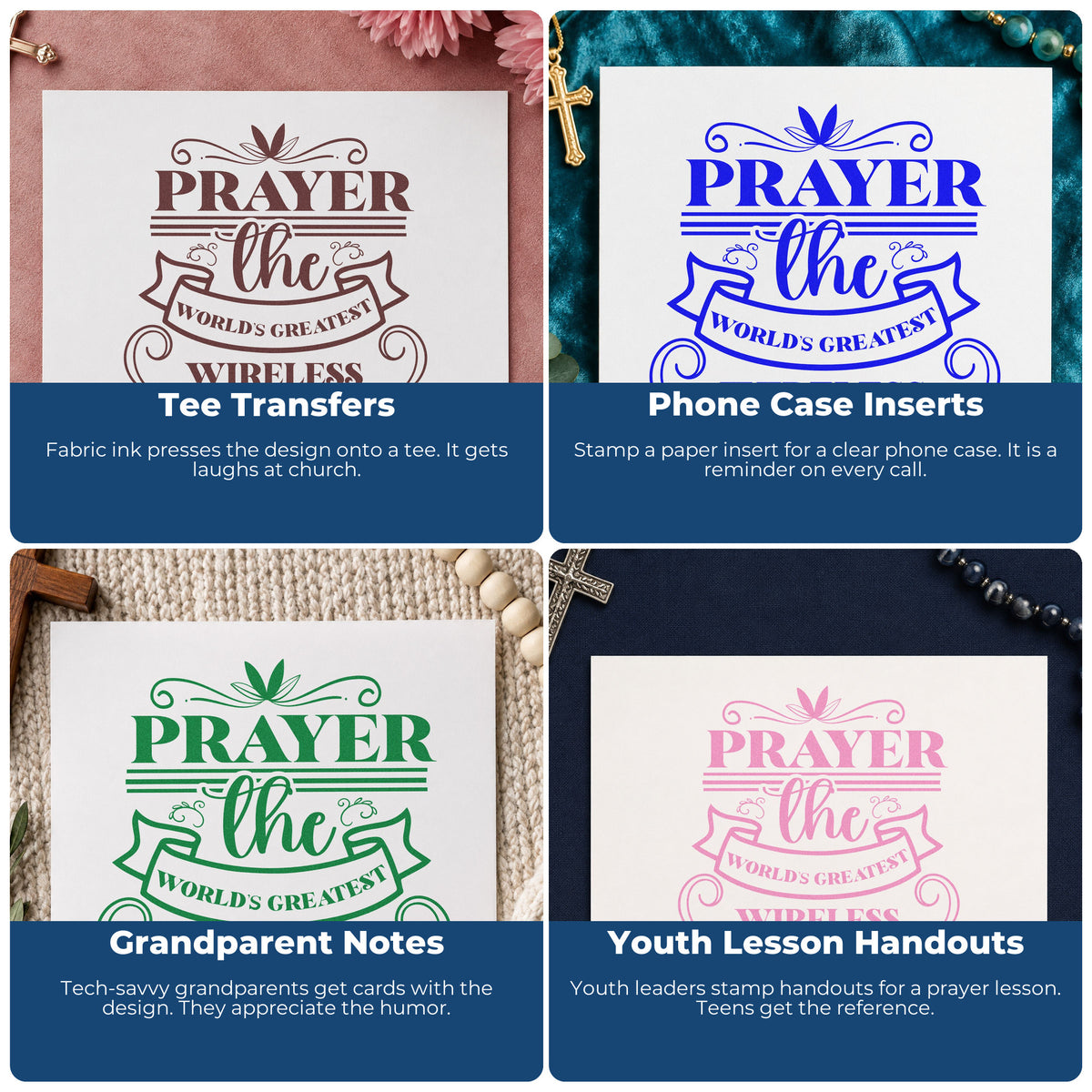 Four ways to use the Prayer Wireless Ribbon Lettering Flourish Self-Inking Stamp: tee transfers, phone case inserts, grandparent notes and youth lesson handouts.
