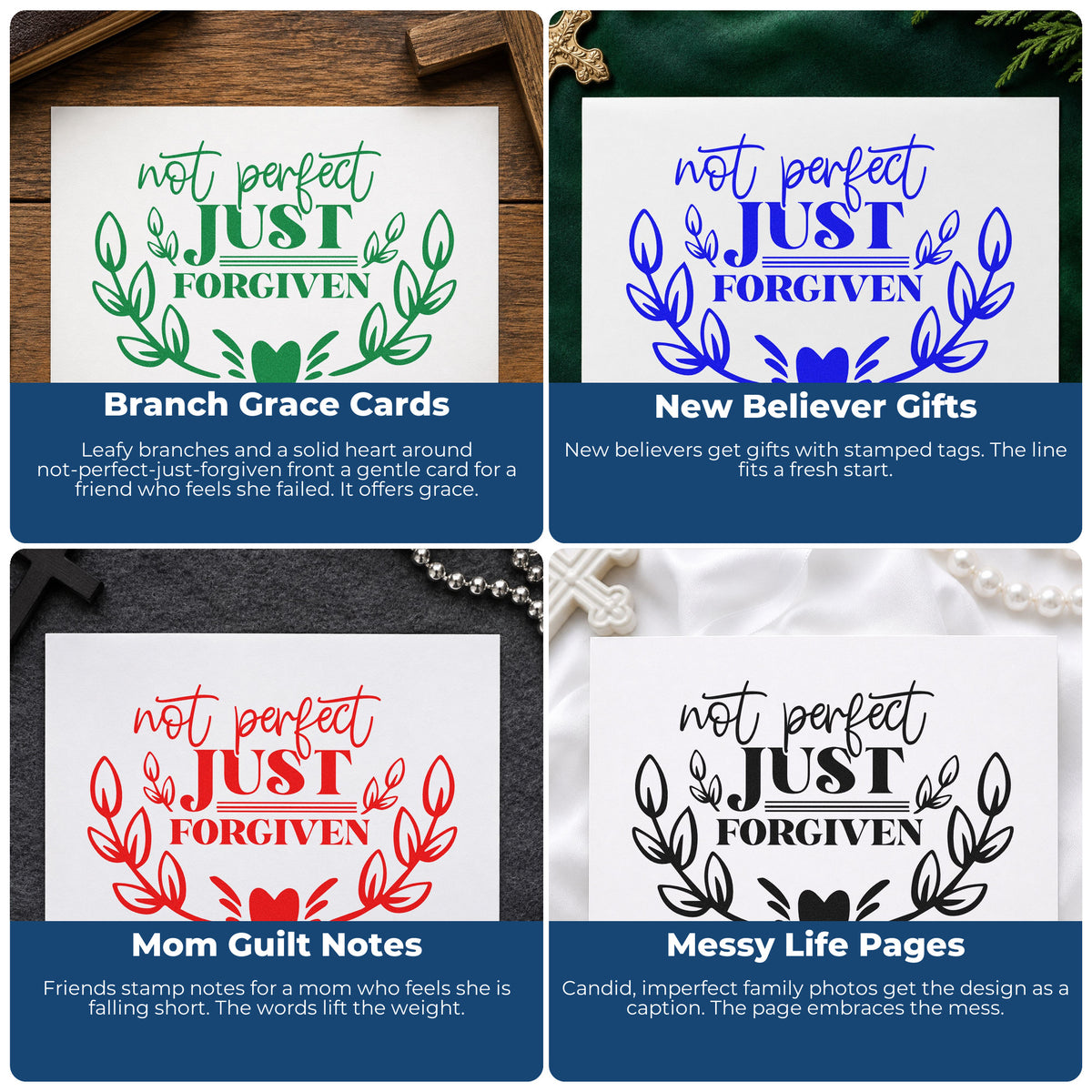 Four ways to use the Not Perfect Just Forgiven Wreath Self-Inking Stamp: branch grace cards, new believer gifts, mom guilt notes and messy life pages.