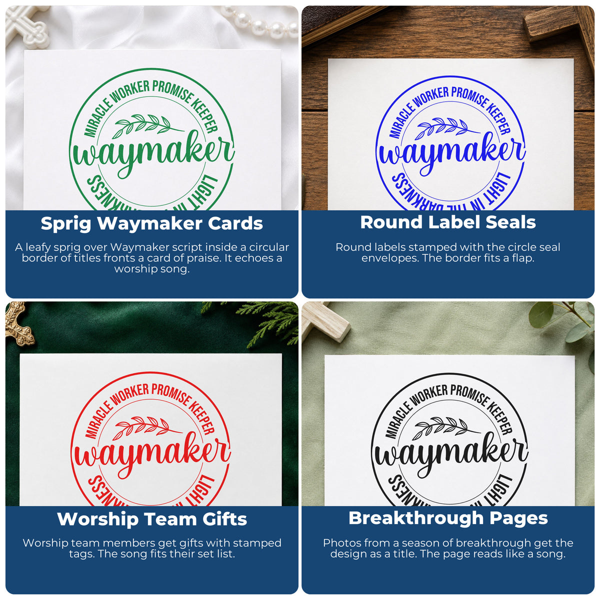 Four ways to use the Self-Inking Waymaker Leaf Badge Stamp: sprig waymaker cards, round label seals, worship team gifts and breakthrough pages.
