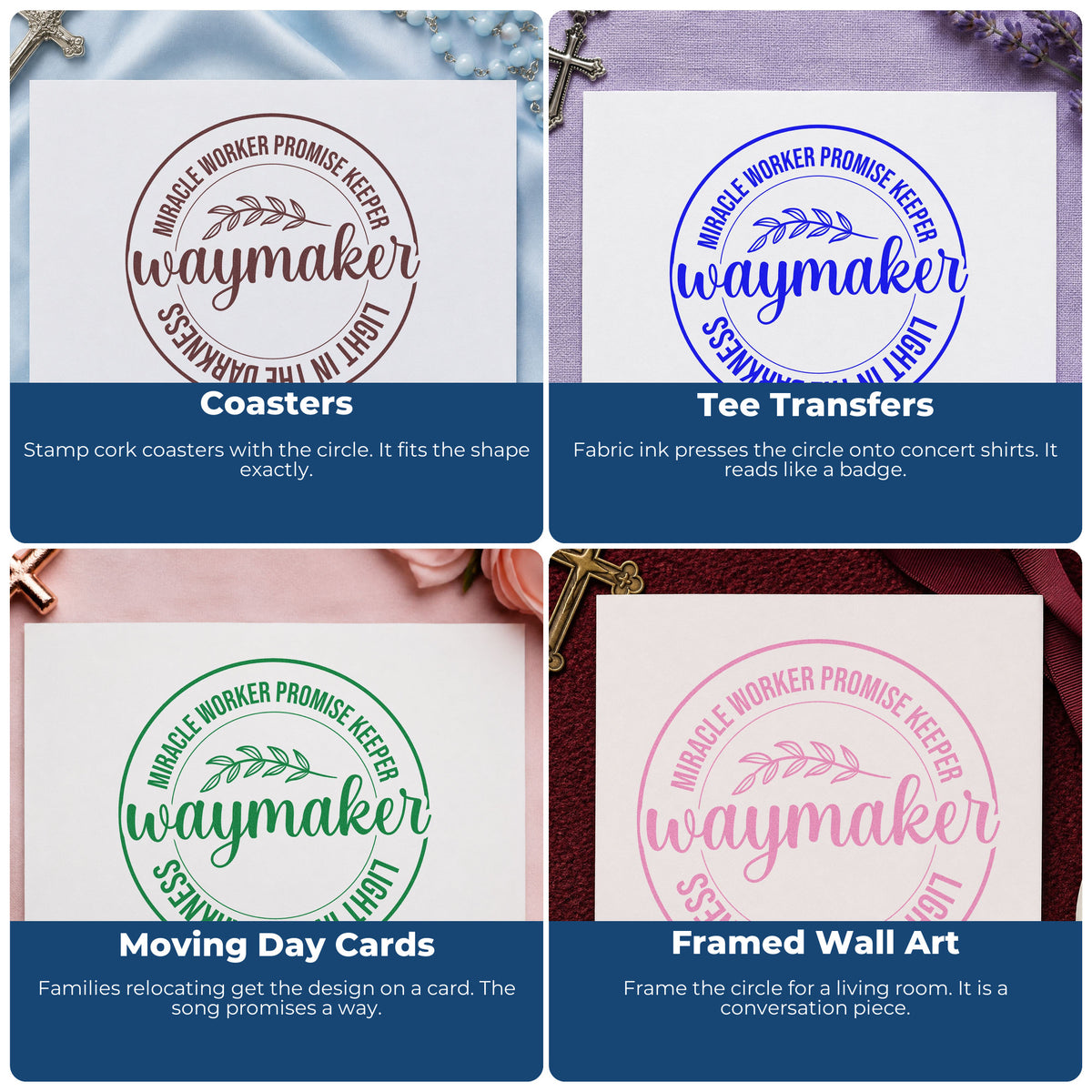 Four ways to use the Self-Inking Waymaker Leaf Badge Stamp: coasters, tee transfers, moving day cards and framed wall art.