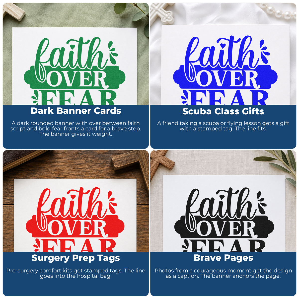 Four ways to use the Faith Over Fear Banner Compact Pre-Inked Stamp – Slim: dark banner cards, scuba class gifts, surgery prep tags and brave pages.