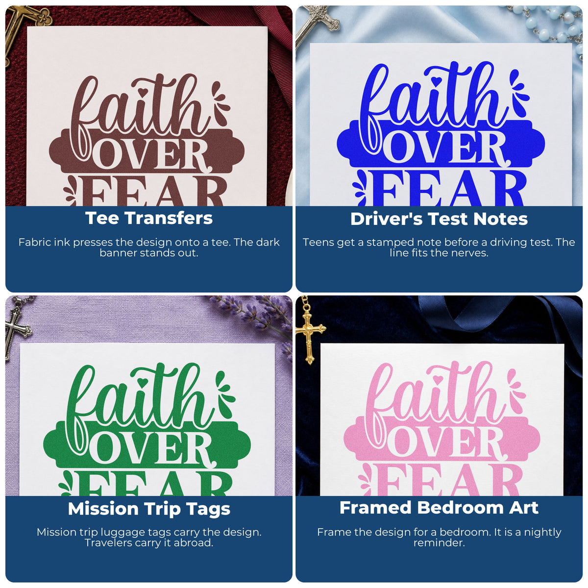 Four ways to use the Faith Over Fear Banner Stamp – Wood Handle: tee transfers, driver's test notes, mission trip tags and framed bedroom art.