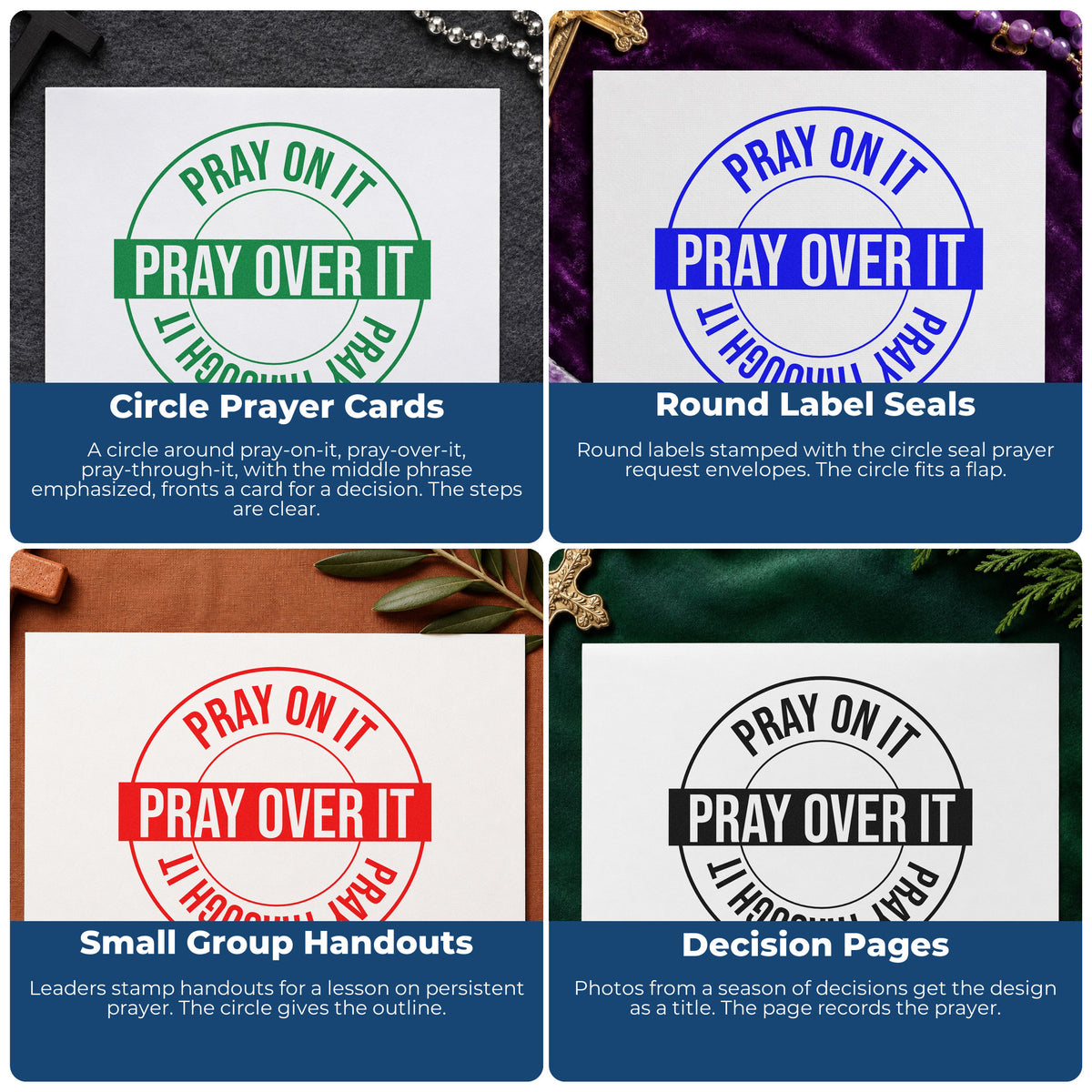 Four ways to use the Pray On It, Pray Over It, Pray Through It Circular Layout Slim Pre-Inked Stamp: circle prayer cards, round label seals, small group handouts and decision pages.