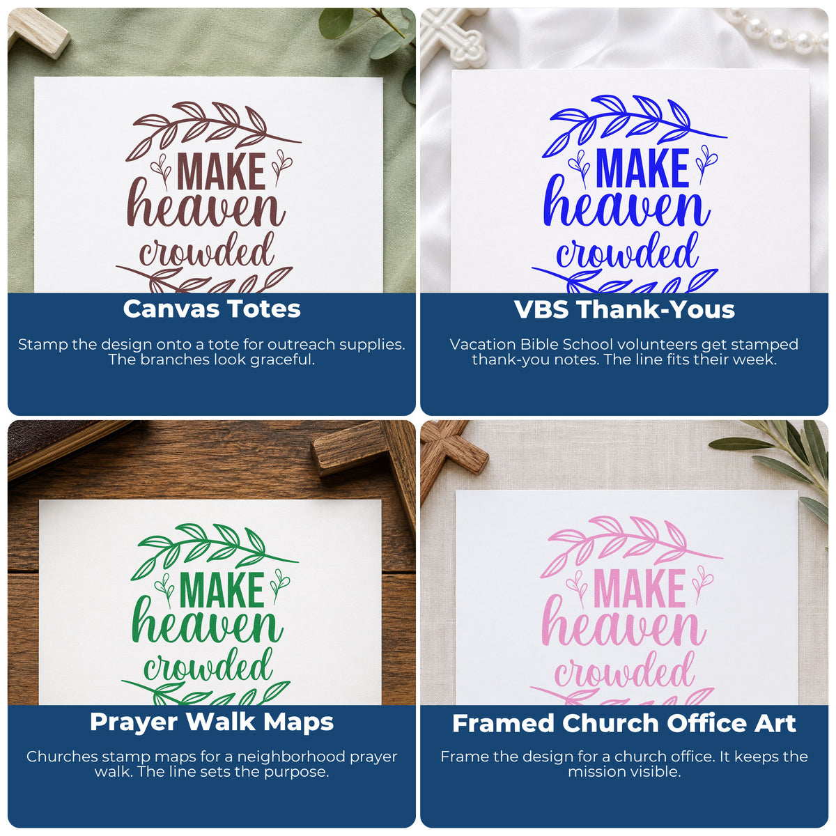 Four ways to use the Make Heaven Crowded Leafy Branches Self-Inking Stamp: canvas totes, vbs thank-yous, prayer walk maps and framed church office art.