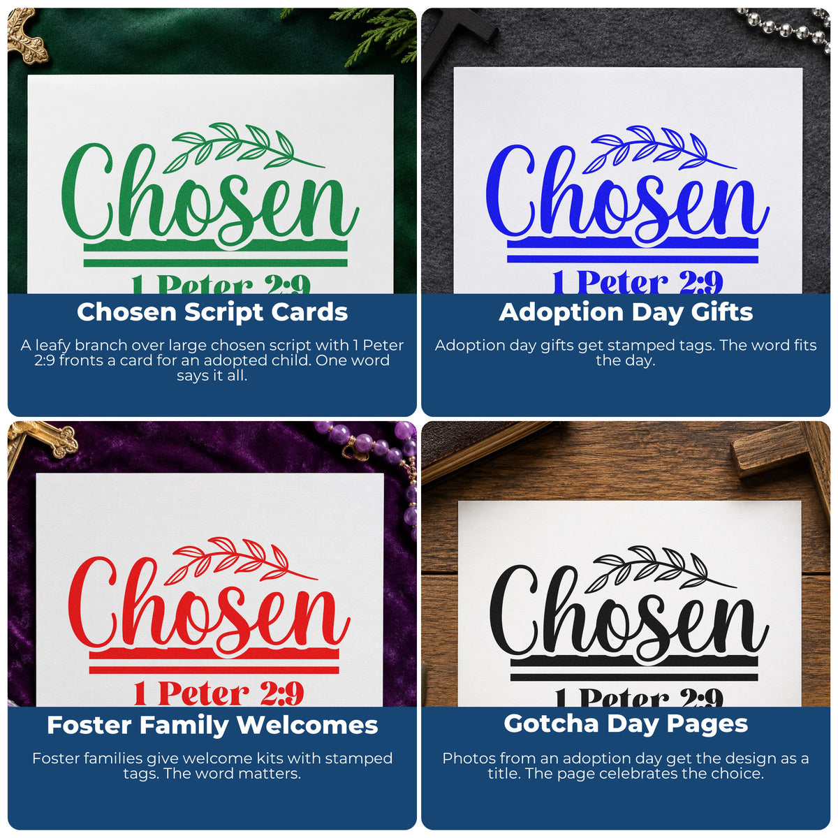 Four ways to use the Chosen Leaf Script Lettering PSI Pre-Inked Stamp: chosen script cards, adoption day gifts, foster family welcomes and gotcha day pages.