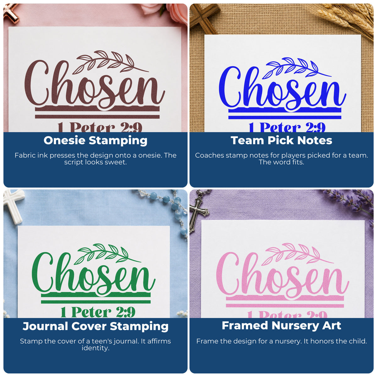 Four ways to use the Chosen Leaf Script Lettering PSI Pre-Inked Stamp: onesie stamping, team pick notes, journal cover stamping and framed nursery art.