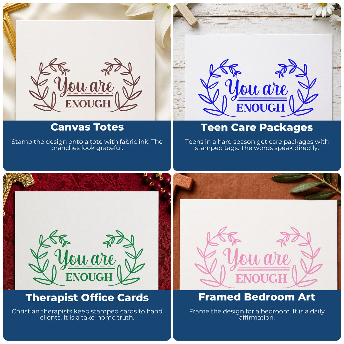 Christian rubber stamps for gift tags, faith mail art, planners, and Sunday school crafts with Bible verses and inspirational words.