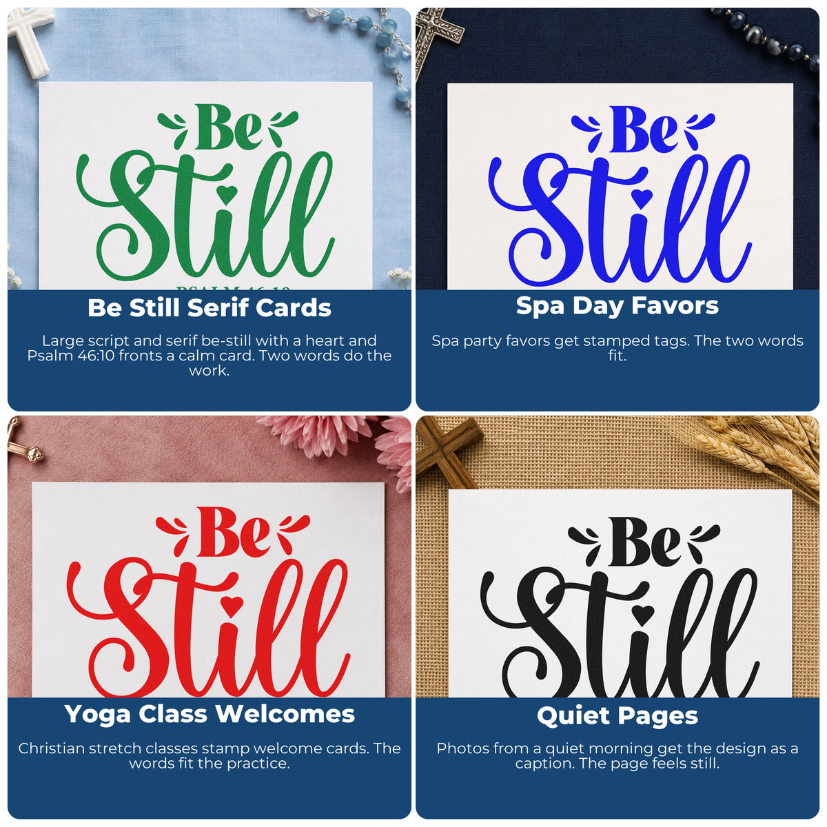 Four ways to use the Be Still With Hearts PSI Pre-Inked Stamp: be still serif cards, spa day favors, yoga class welcomes and quiet pages.