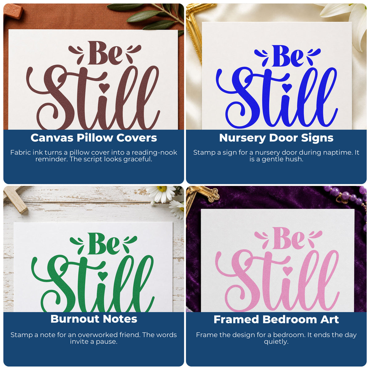 Four ways to use the Be Still With Hearts Hand Stamp – Duo: canvas pillow covers, nursery door signs, burnout notes and framed bedroom art.