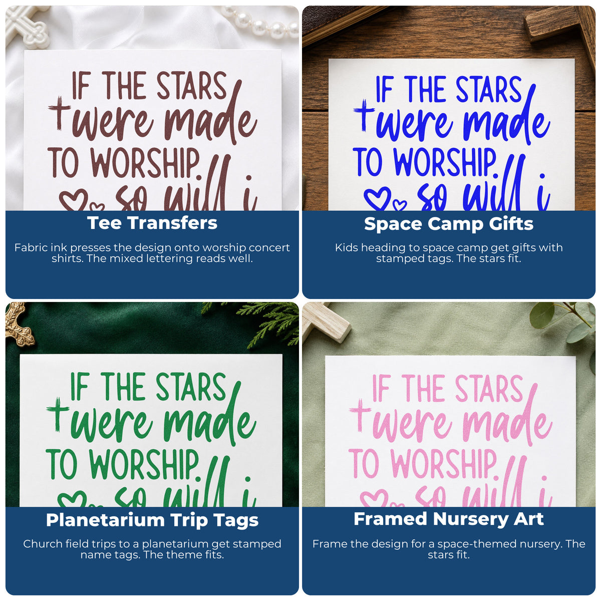 Four ways to use the If The Stars Were Made To Worship, So Will I Wood Handle Stamp: tee transfers, space camp gifts, planetarium trip tags and framed nursery art.