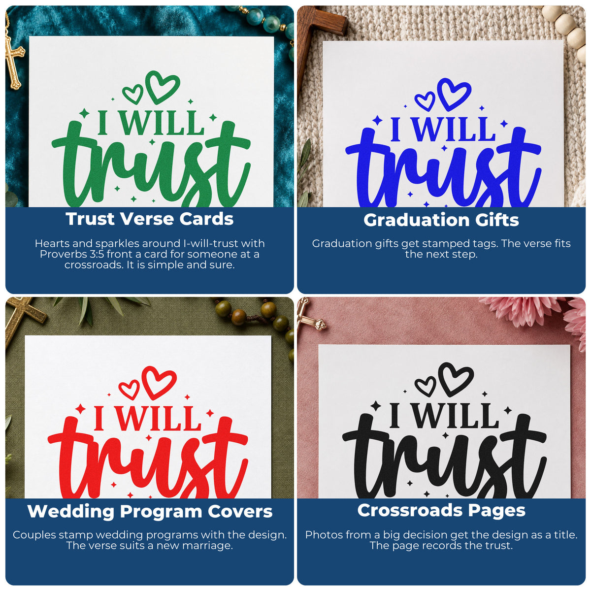 Four ways to use the I Will Trust Pre-Inked Stamp – PSI: trust verse cards, graduation gifts, wedding program covers and crossroads pages.