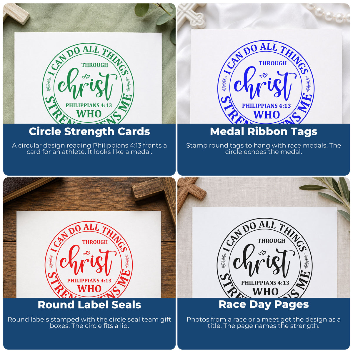 Four ways to use the I Can Do All Things Through Christ Who Strengthens Me Slim Pre-Inked Stamp: circle strength cards, medal ribbon tags, round label seals and race day pages.