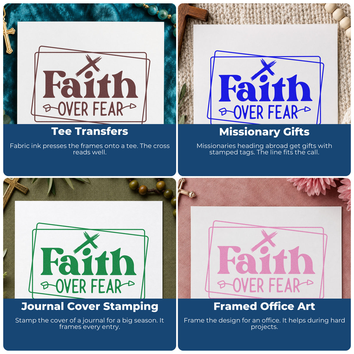 Four ways to use the Faith Over Fear Double Framed Lettering Stamp – Self-Inking: tee transfers, missionary gifts, journal cover stamping and framed office art.