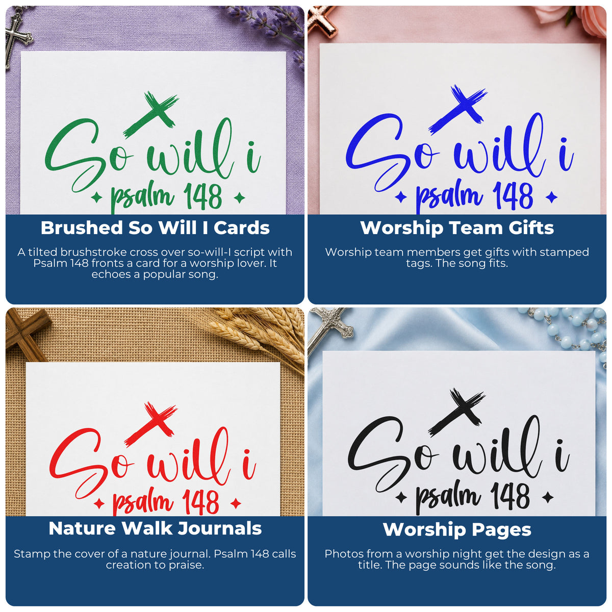 Four ways to use the Wood Handle So Will I Cross Script Lettering Rubber Stamp: brushed so will i cards, worship team gifts, nature walk journals and worship pages.