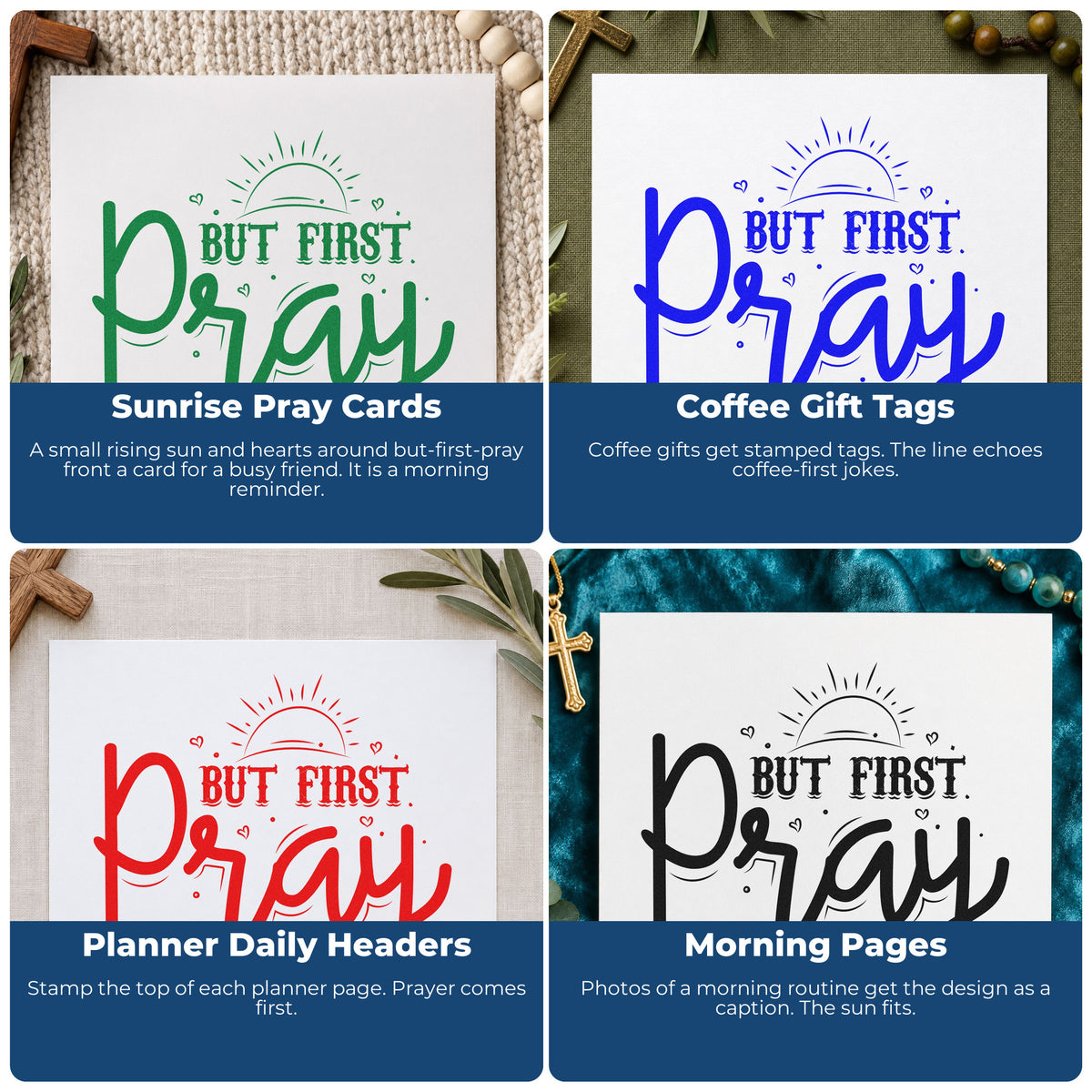 Four ways to use the But First Pray Sunrise With Hearts Hand Stamp – Duo: sunrise pray cards, coffee gift tags, planner daily headers and morning pages.