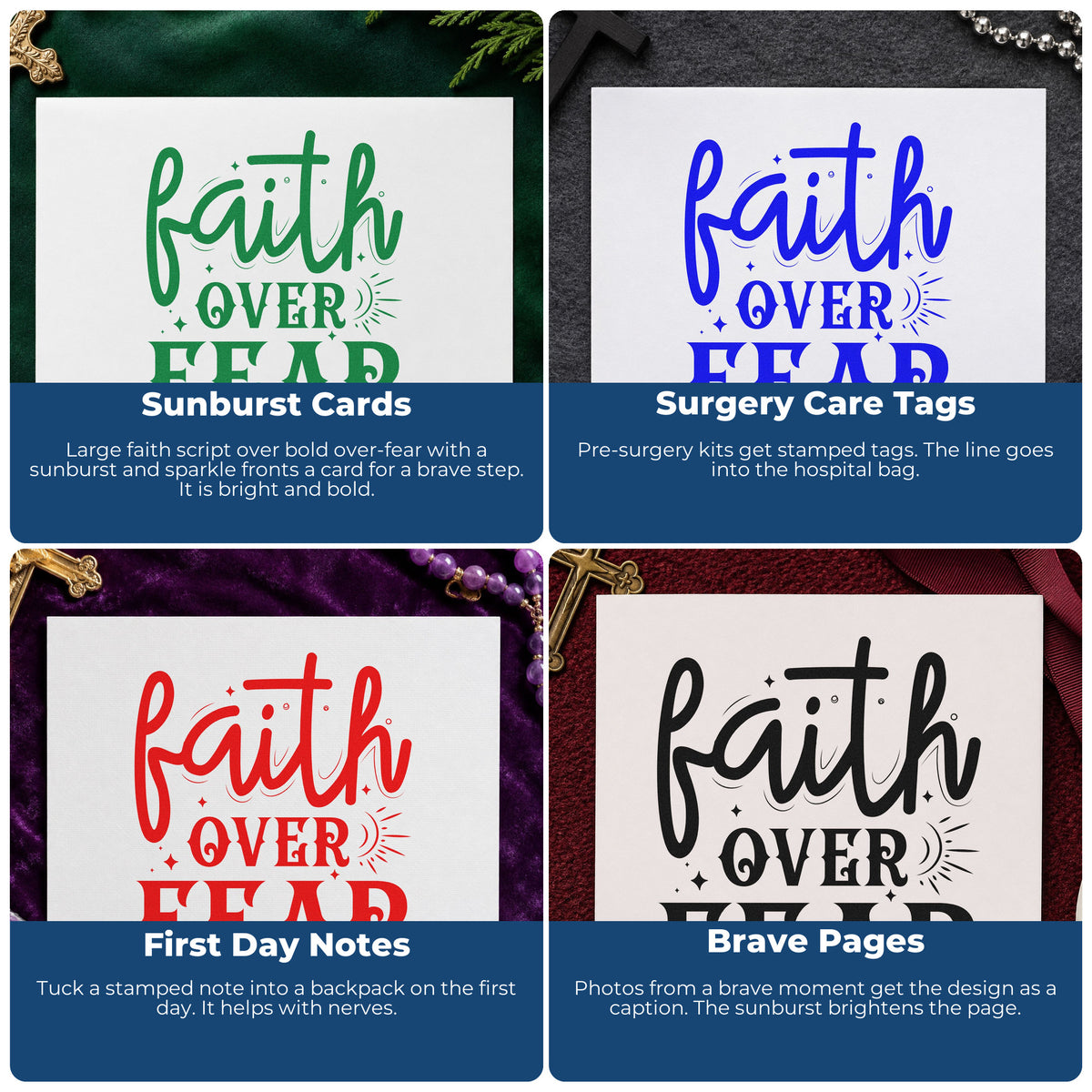 Four ways to use the Faith Over Fear Sunburst With Sparkles PSI Pre-Inked Stamp: sunburst cards, surgery care tags, first day notes and brave pages.