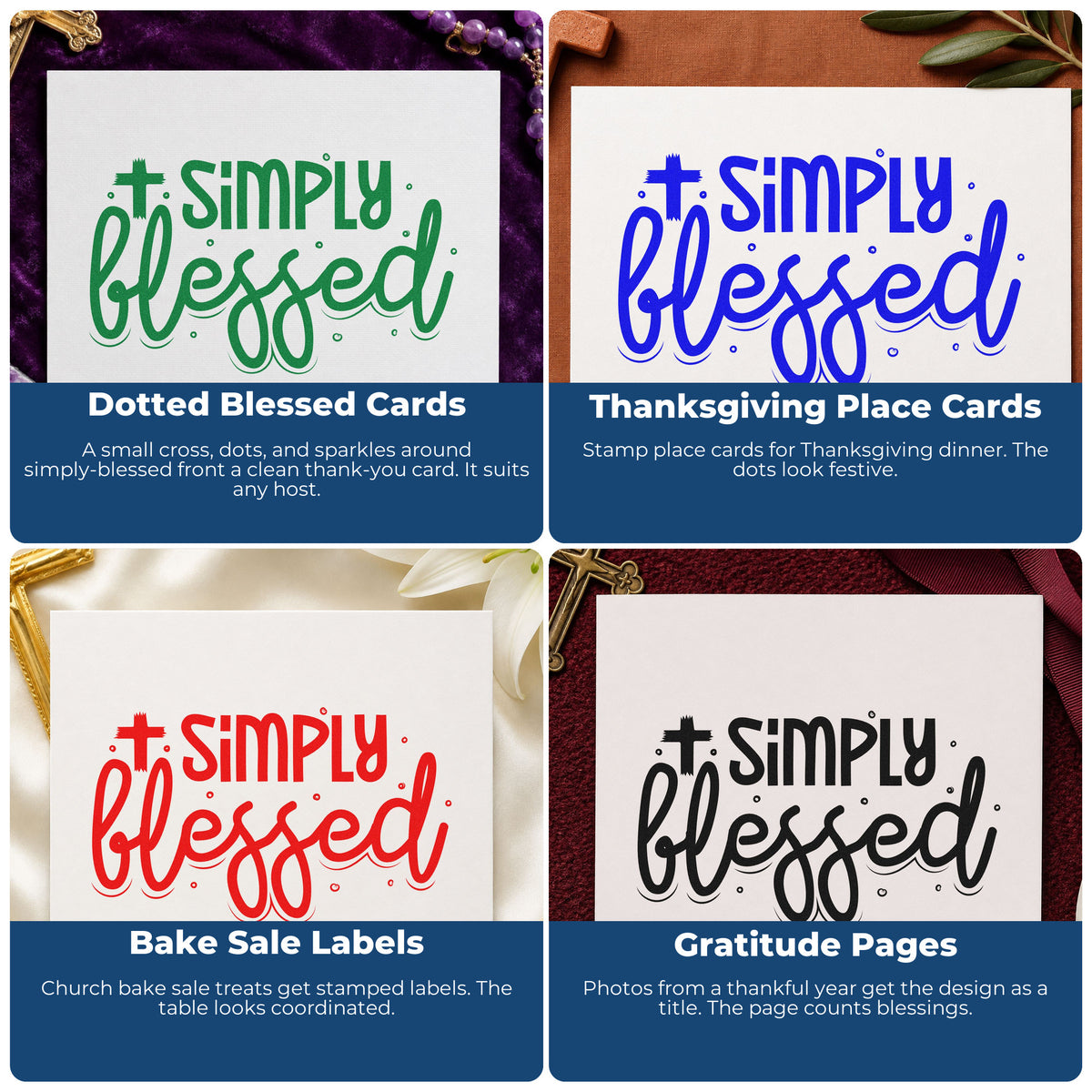 Faith-based rubber stamp examples for Bible journaling, scrapbooking, prayer cards, and church event favors.
