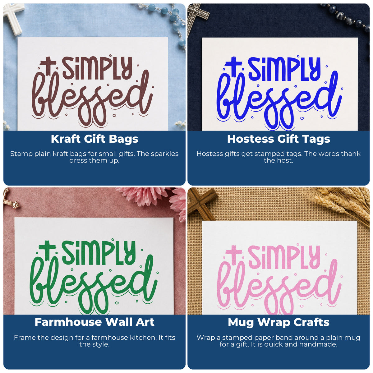 Collage of Christian rubber stamp designs for gift tags, faith mail art, planners, and Sunday school crafts.