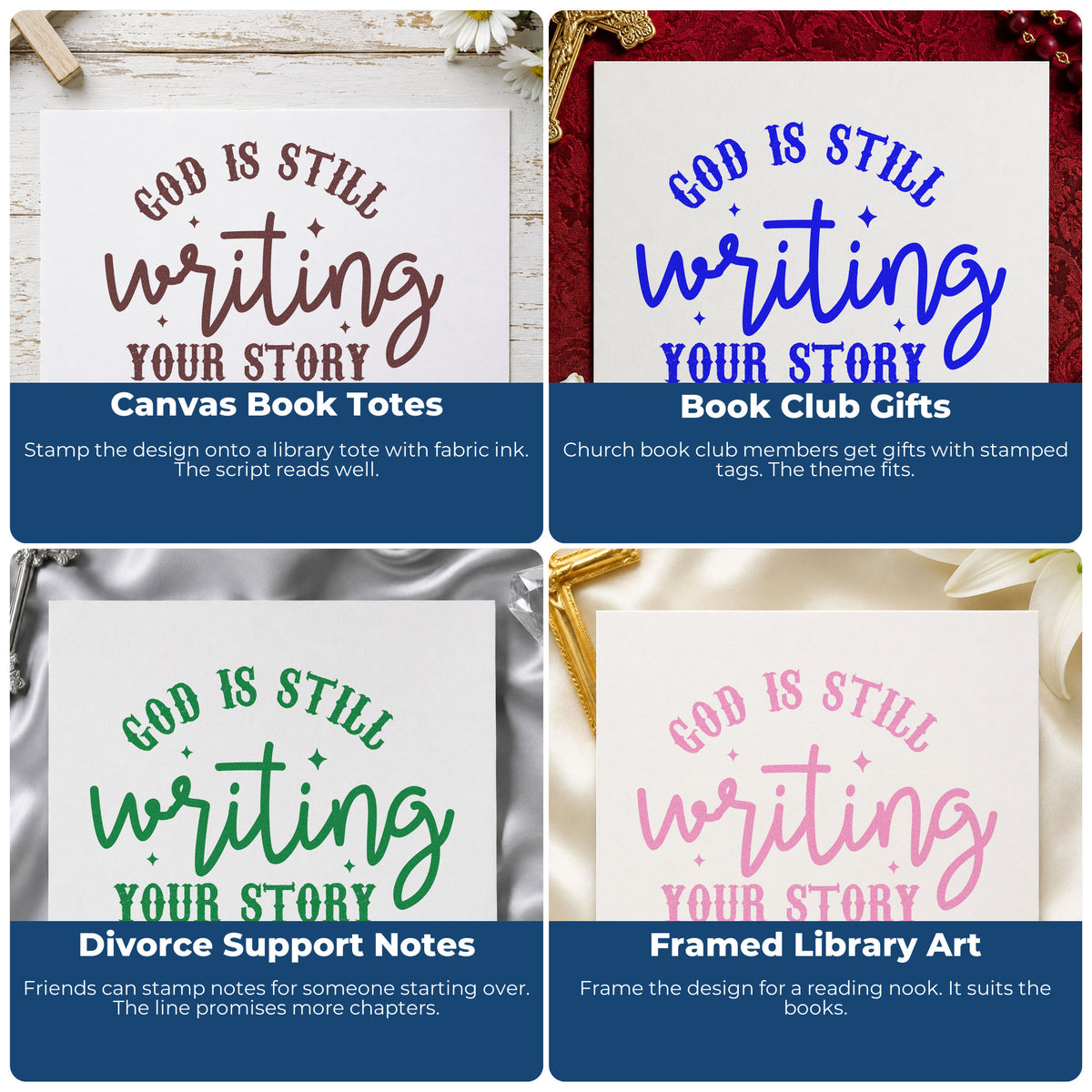 Four ways to use the God Is Writing Your Story With Cross Stamp – Self-Inking: canvas book totes, book club gifts, divorce support notes and framed library art.