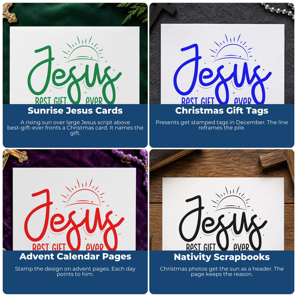 Four ways to use the Jesus Best Gift Ever Sunrise Hand Stamp – Duo: sunrise jesus cards, christmas gift tags, advent calendar pages and nativity scrapbooks.