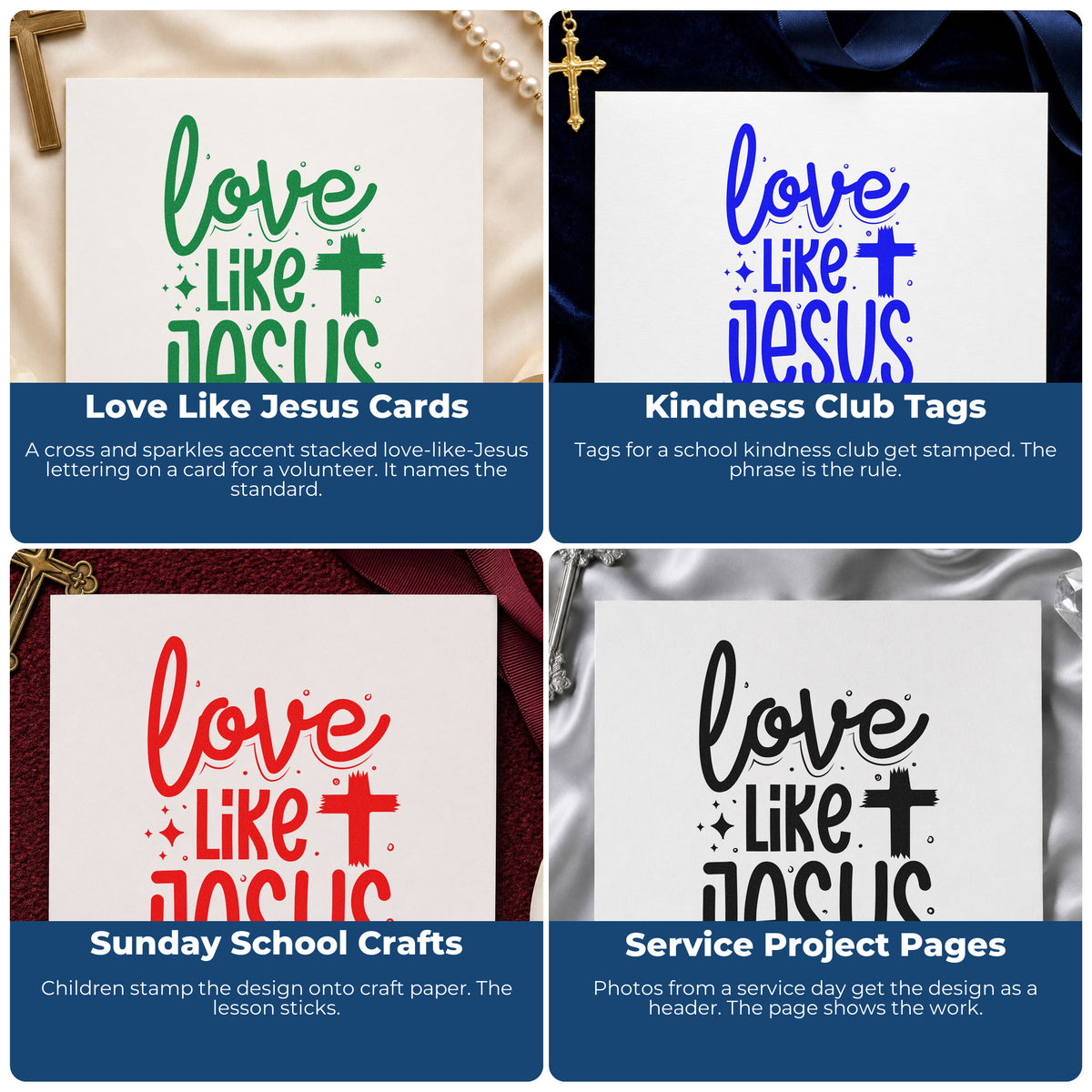 Four ways to use the Love Like Jesus Cross Accent Rubber Stamp – Wood Handle: love like jesus cards, kindness club tags, sunday school crafts and service project pages.